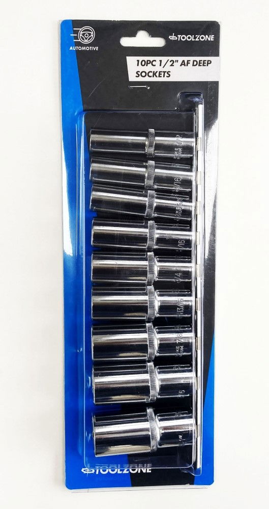 SOCKET SET DEEP 1/2 DRIVE AF 10 PIECES CRV POLISHED - TOOLZONE KDPSS219 thumbnail 2