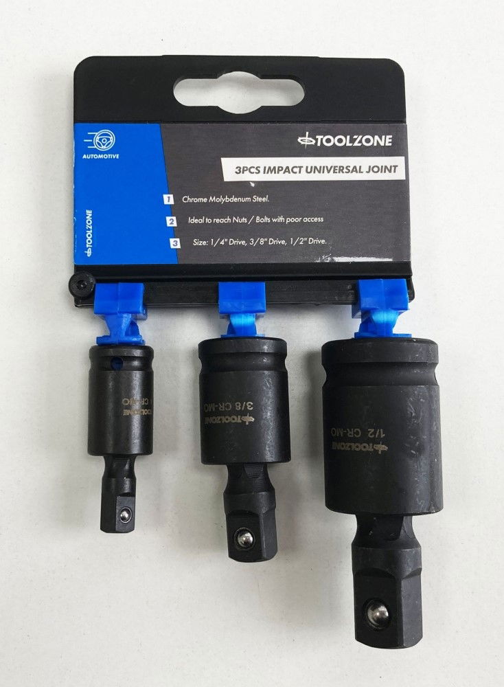 UNIVERSAL JOINT SET IMPACT 3 PIECES 1/4, 3/8, 1/2 CR-MO BLACK FINISH - TOOLZONE KDPSS227 thumbnail 2