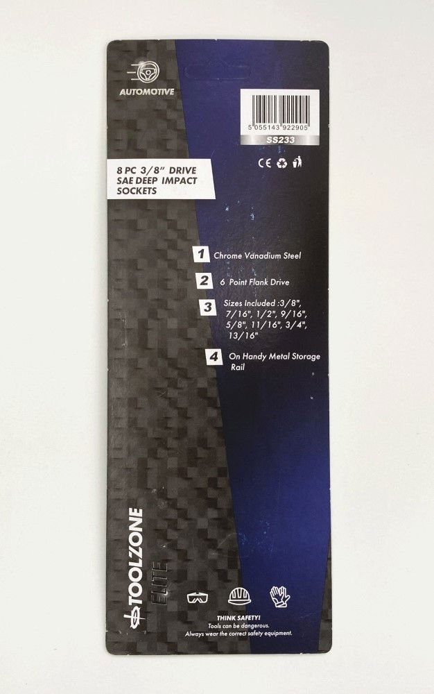IMPACT SOCKET SET DEEP 3/8 DRIVE AF 8 PIECES 3/8-13/16 CRV BLACK FINISH - TOOLZONE KDPSS233 thumbnail 3