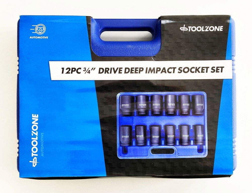 IMPACT SOCKET SET DEEP 3/4 DRIVE 12 PIECES 24mm-41mm CRV 80mm BLACK FINISH - TOOLZONE KDPSS235 thumbnail 2