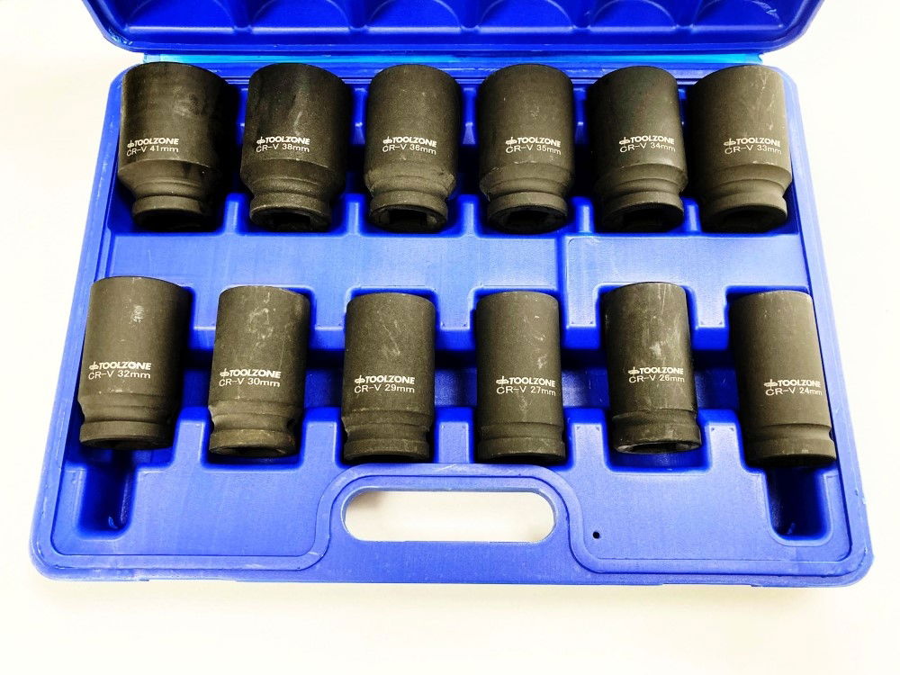 IMPACT SOCKET SET DEEP 3/4 DRIVE 12 PIECES 24mm-41mm CRV 80mm BLACK FINISH - TOOLZONE KDPSS235 thumbnail 8