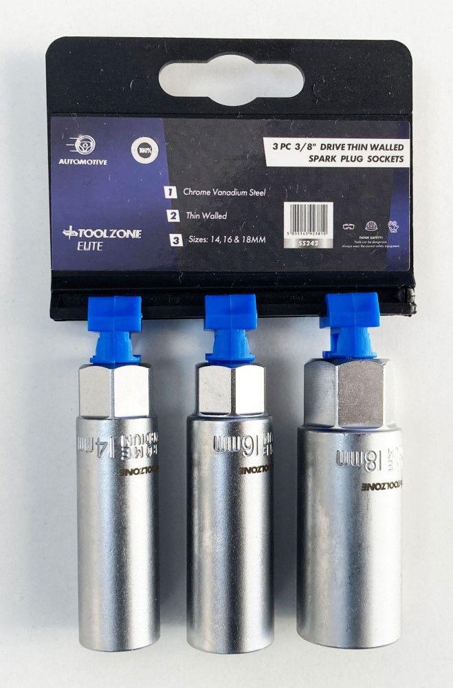 SPARK PLUG SOCKET SET 3/8 DRIVE 3 PIECES 14mm 16mm 18mm THIN WALL SATIN FINISH - TOOLZONE KDPSS242 thumbnail 2