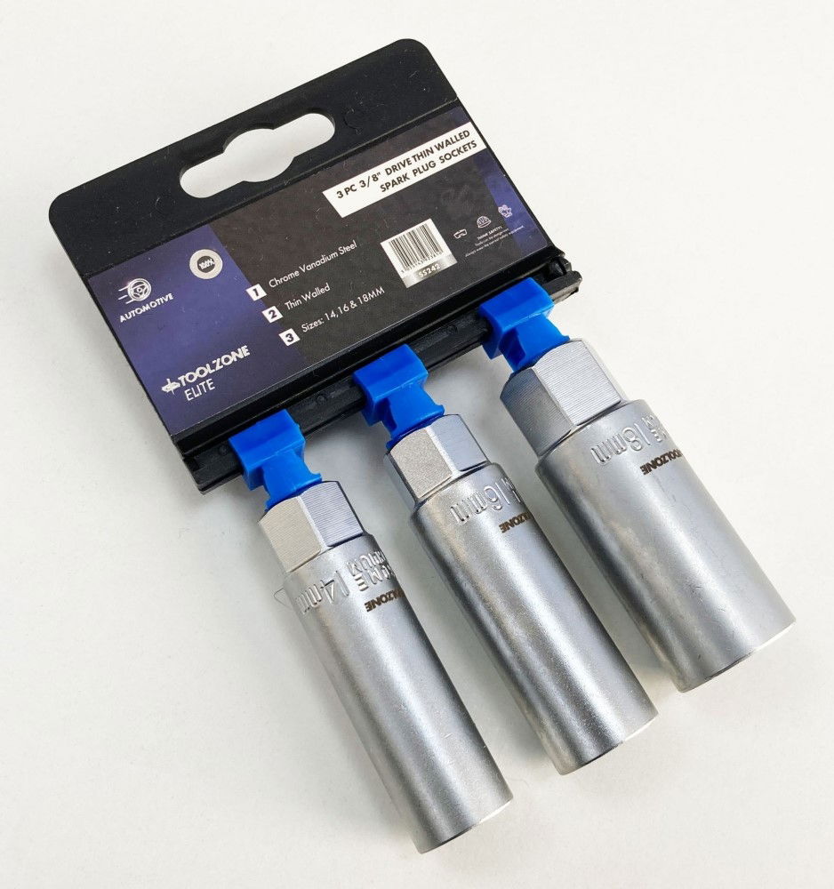 SPARK PLUG SOCKET SET 3/8 DRIVE 3 PIECES 14mm 16mm 18mm THIN WALL SATIN FINISH - TOOLZONE KDPSS242 thumbnail 3
