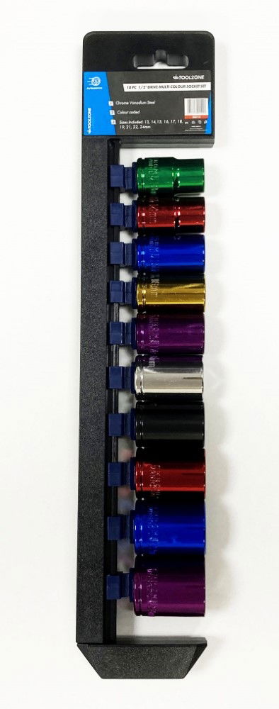 SOCKET SET 10 PIECES 1/2 DRIVE MM CRV COLOUR CODED 13mm-24mm - TOOLZONE KDPSS313 thumbnail 2