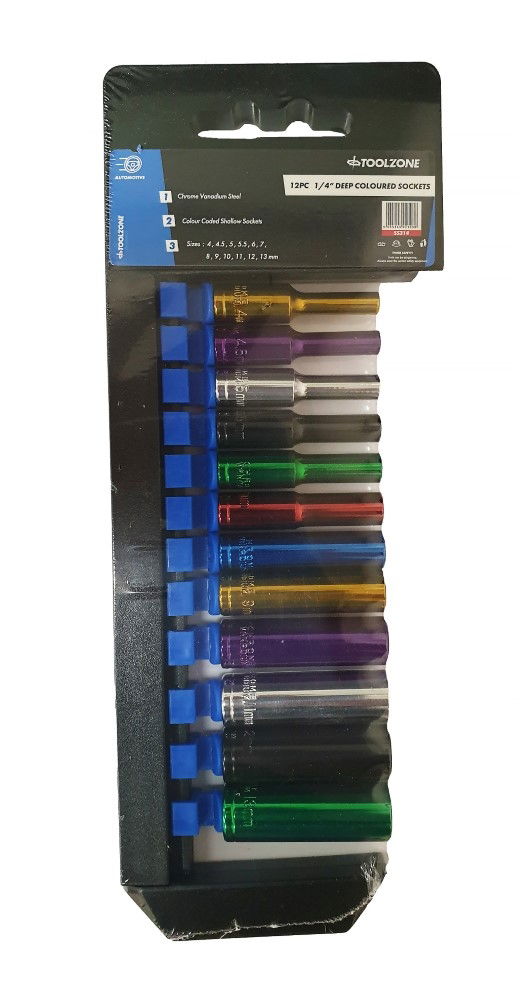 DEEP SOCKET SET 12 PIECES 1/4 DRIVE MM CRV COLOUR CODED 4mm-13mm - TOOLZONE KDPSS314 image 1