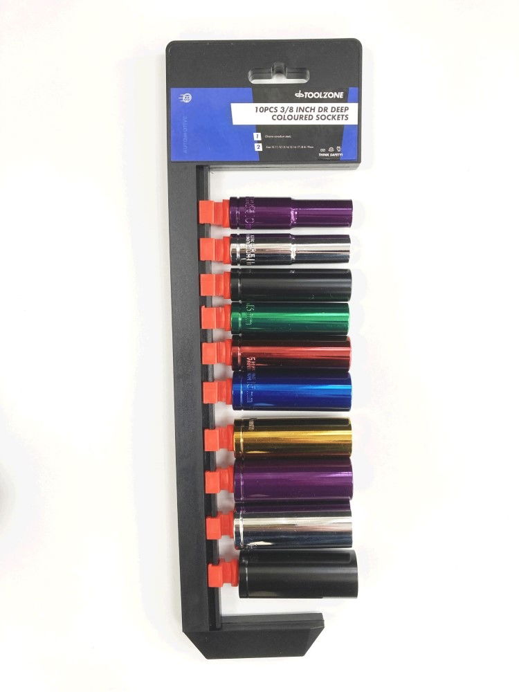 DEEP SOCKET SET 10 PIECES 3/8 DRIVE MM CRV COLOUR CODED 10mm-19mm - TOOLZONE KDPSS315 thumbnail 2