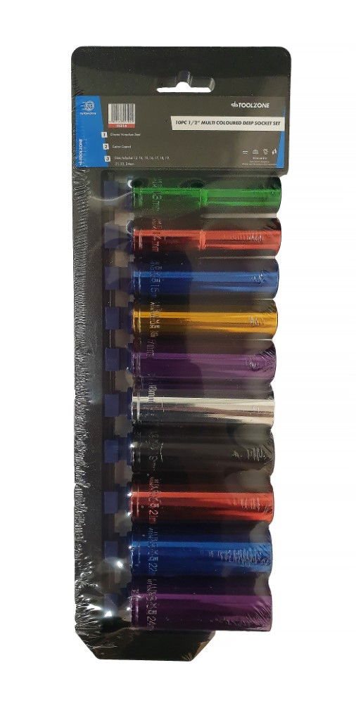 DEEP SOCKET SET 10 PIECES 1/2 DRIVE MM CRV COLOUR CODED 13mm-24mm - TOOLZONE KDPSS316 image 1