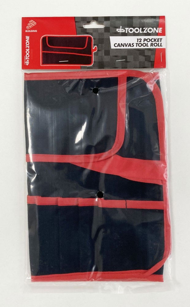 TOOL ROLL 12 POCKET CANVAS WATER RESISTANT 44x28cm RED AND BLACK - TOOLZONE KDPTB029 thumbnail 2