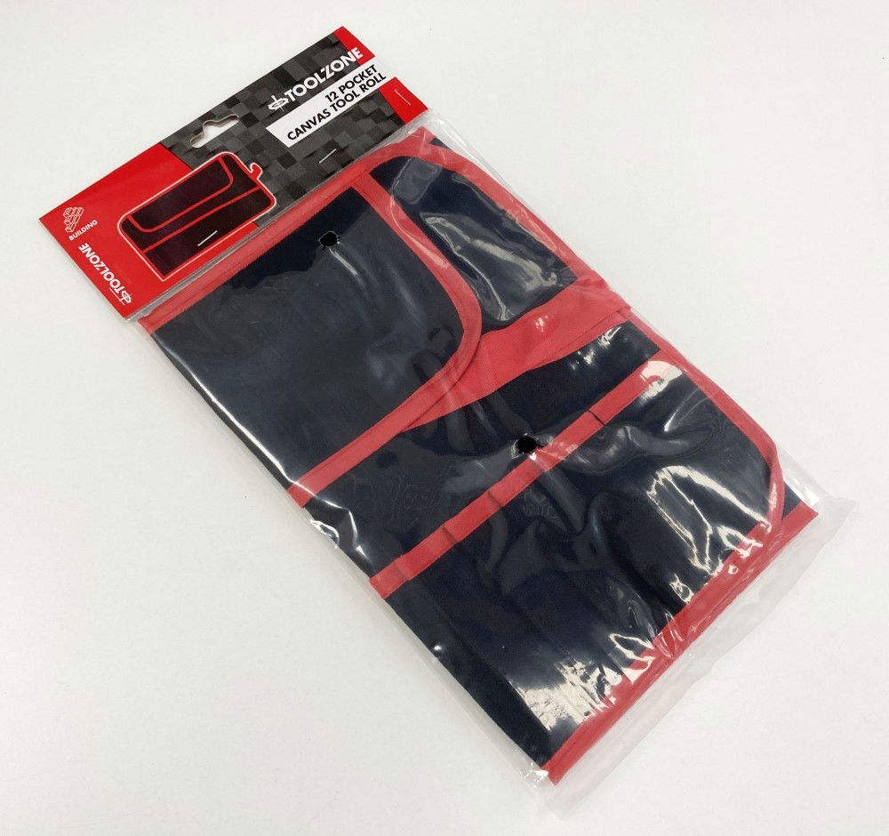 TOOL ROLL 12 POCKET CANVAS WATER RESISTANT 44x28cm RED AND BLACK - TOOLZONE KDPTB029 thumbnail 3