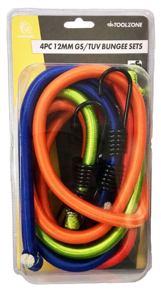 BUNGEE SET 4PC ASSORTED 12mm 600mm 900mm 1200mm 1500mm - TOOLZONE KDPTD006 image 1