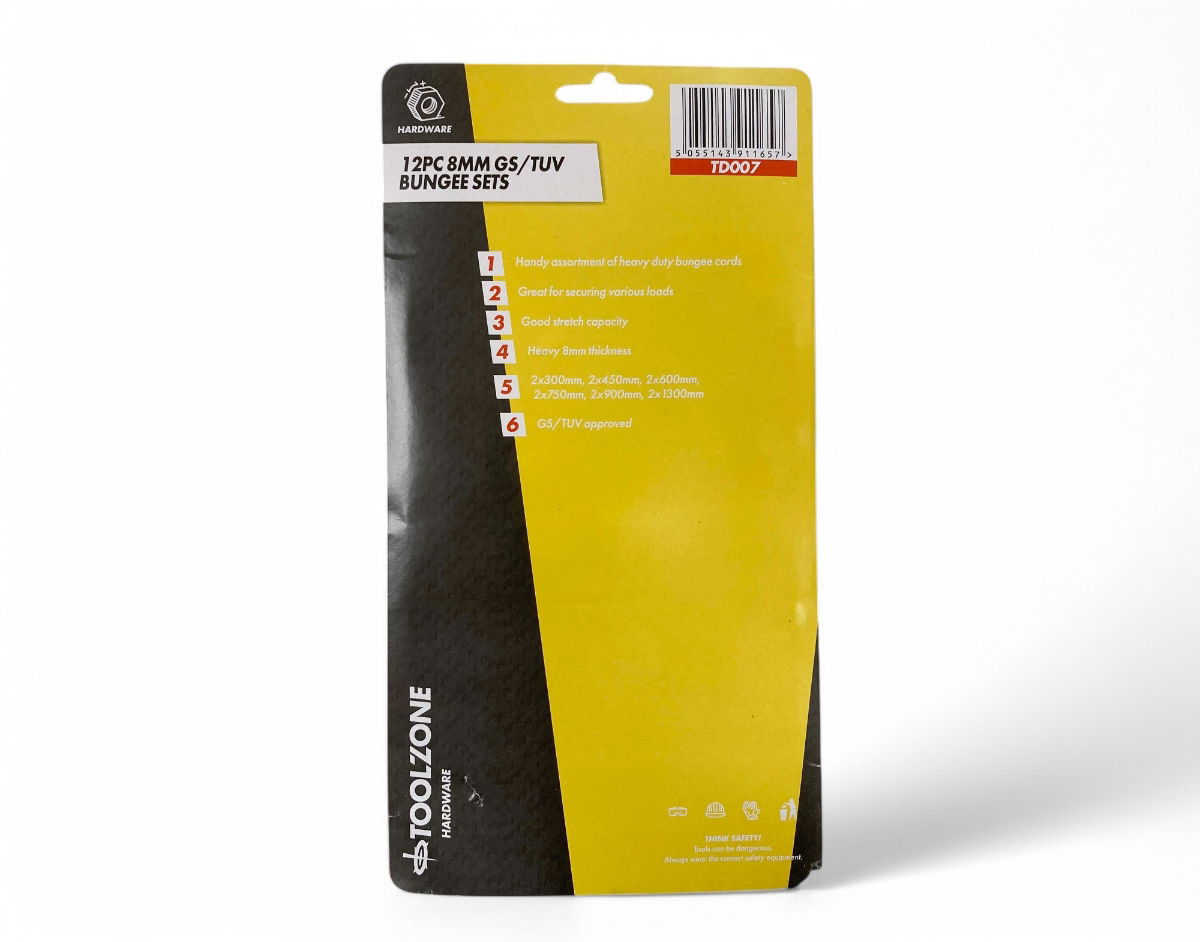 BUNGEE SET 12PC ASSORTED 8mm 300mm 450mm 600mm 750mm 900mm 1300mm - TOOLZONE KDPTD007 thumbnail 7