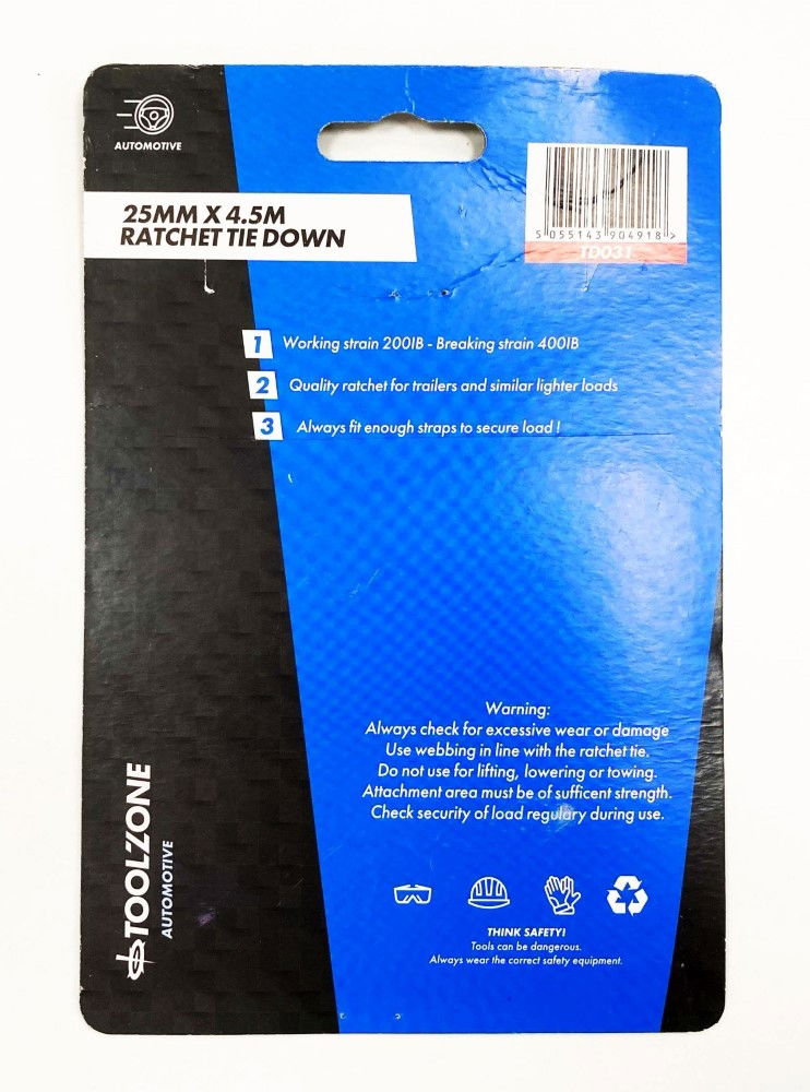 RATCHET TIE DOWN 25mm x 4.5m 100kg BREAKING STRENGTH - TOOLZONE KDPTD031 thumbnail 4