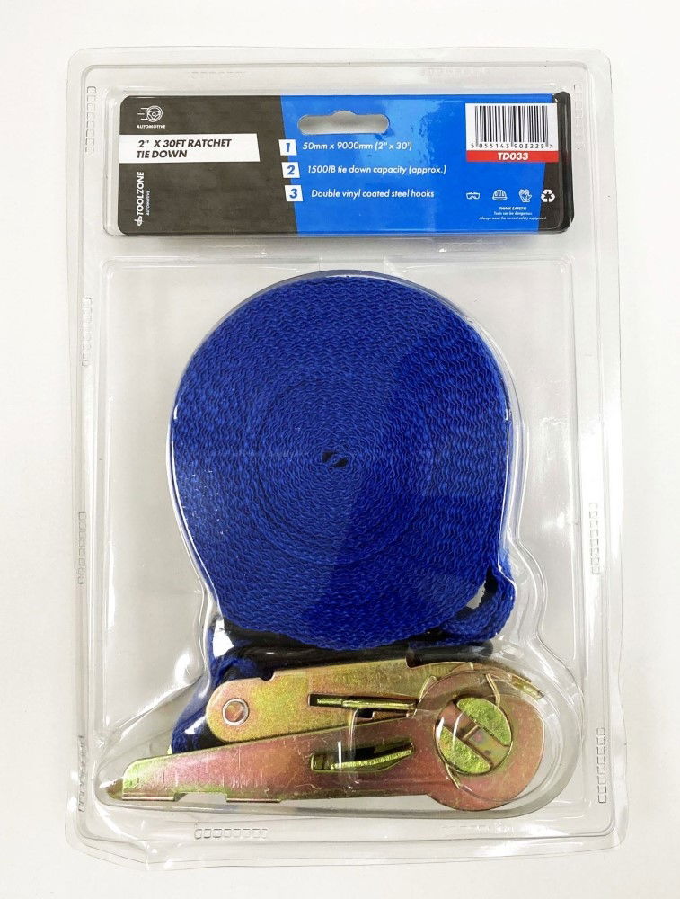 RATCHET TIE DOWN 2 x 30ft 1500lb CAPACITY - TOOLZONE KDPTD033 thumbnail 4