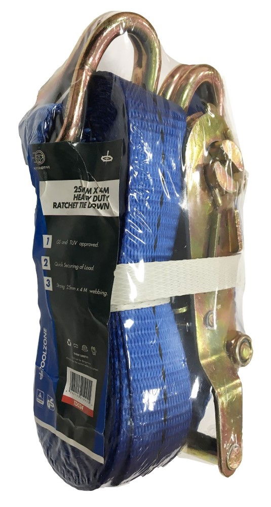 HEAVY DUTY RATCHET TIE DOWN 1 x 4m 400kg CAPACITY - TOOLZONE KDPTD034 thumbnail 2