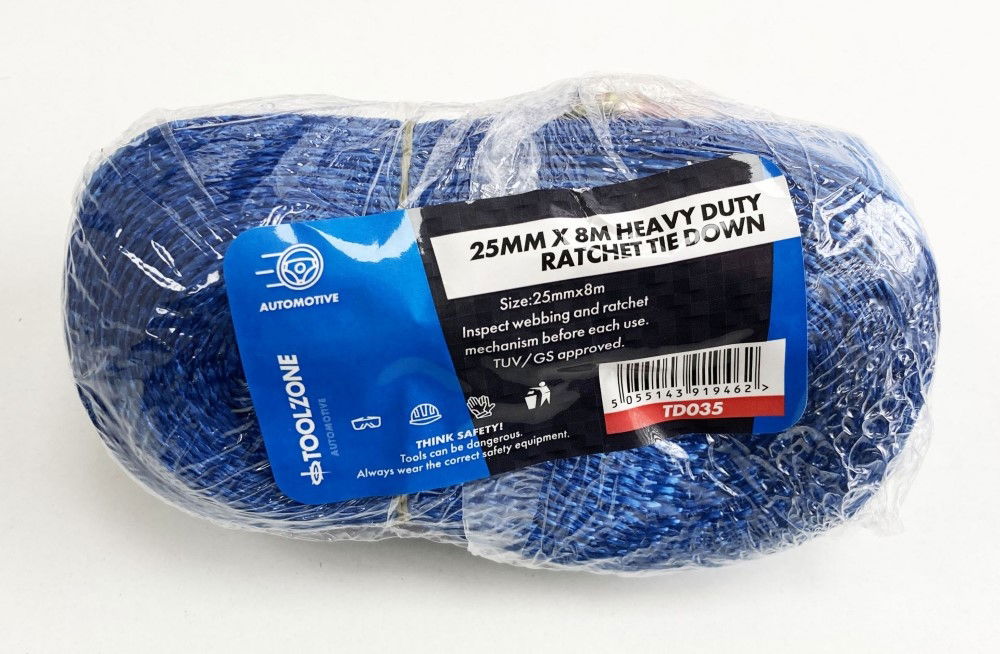 HEAVY DUTY RATCHET TIE DOWN 1 x 8m 400kg CAPACITY - TOOLZONE KDPTD035 thumbnail 2