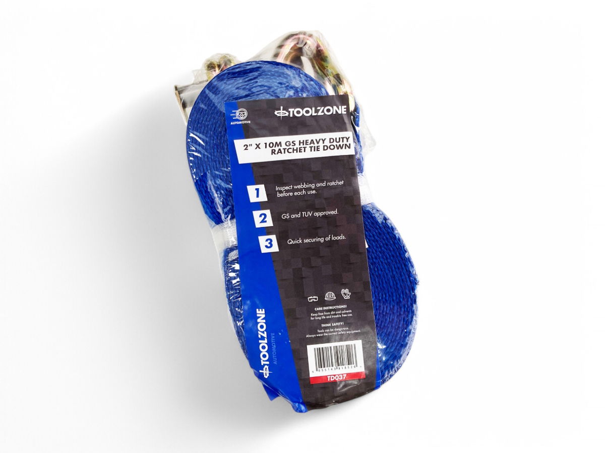 HEAVY DUTY RATCHET TIE DOWN 50mm x 10m 2500daN STRAIGHT 5000kg ROUND GS APPROVED - TOOLZONE KDPTD037 thumbnail 2