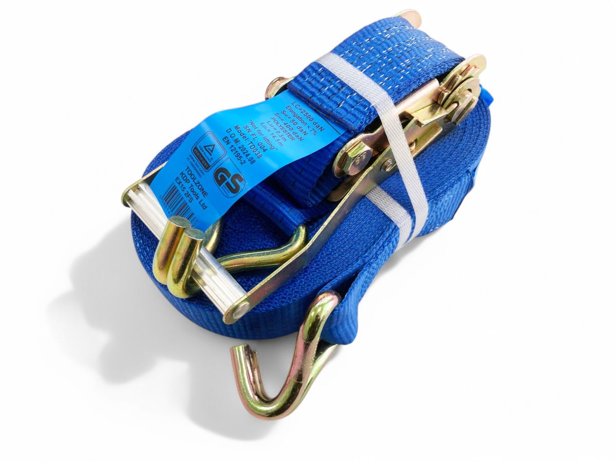 HEAVY DUTY RATCHET TIE DOWN 2 x 15m 2500daN STRAIGHT 5000kg ROUND GS APPROVED - TOOLZONE KDPTD038 thumbnail 2