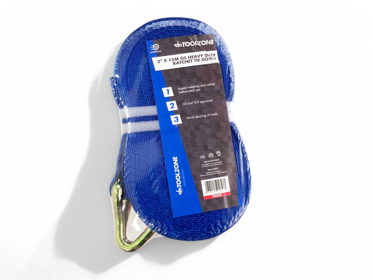 HEAVY DUTY RATCHET TIE DOWN 2 x 15m 2500daN STRAIGHT 5000kg ROUND GS APPROVED - TOOLZONE KDPTD038 thumbnail 3