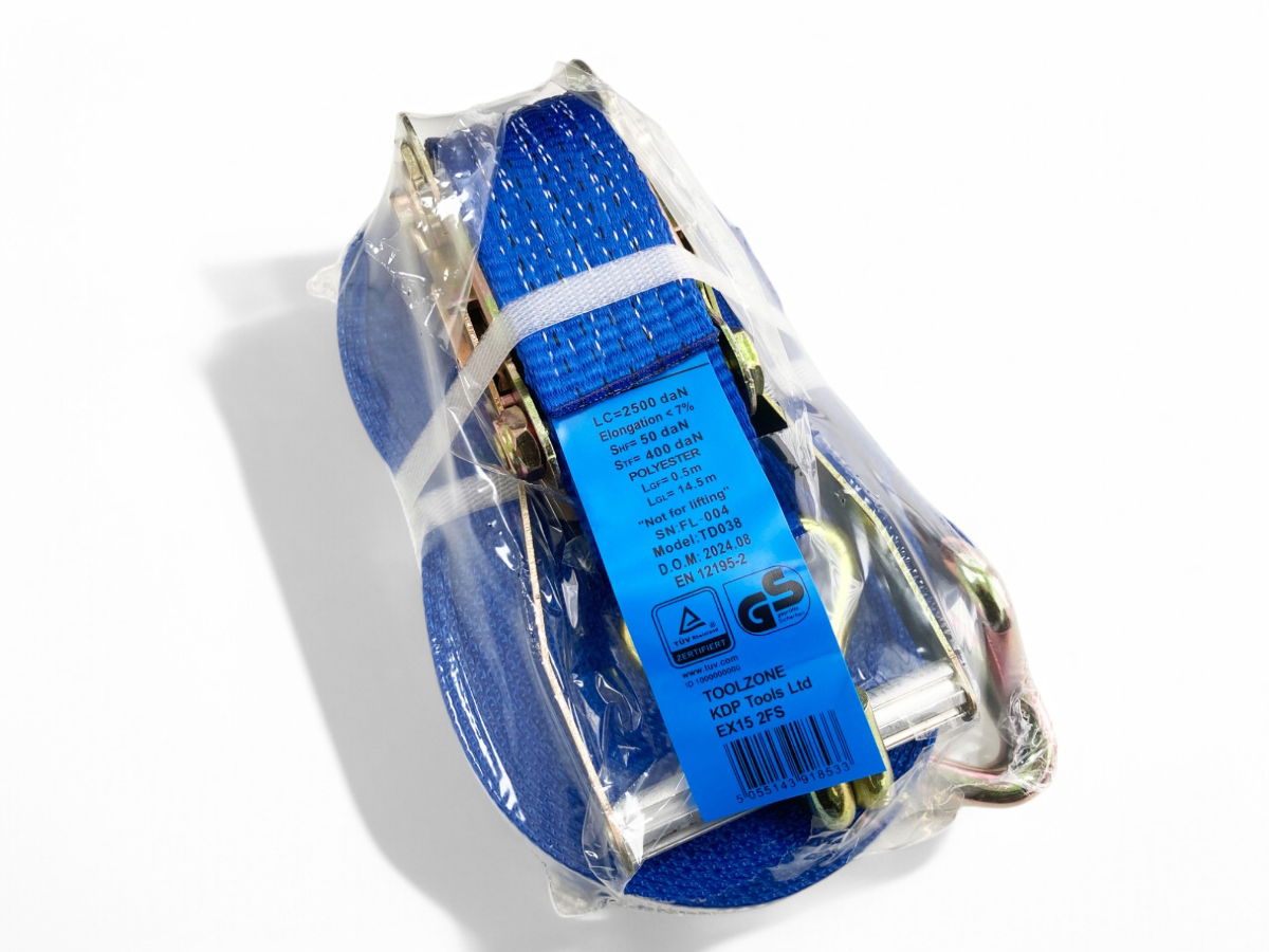 HEAVY DUTY RATCHET TIE DOWN 2 x 15m 2500daN STRAIGHT 5000kg ROUND GS APPROVED - TOOLZONE KDPTD038 thumbnail 4