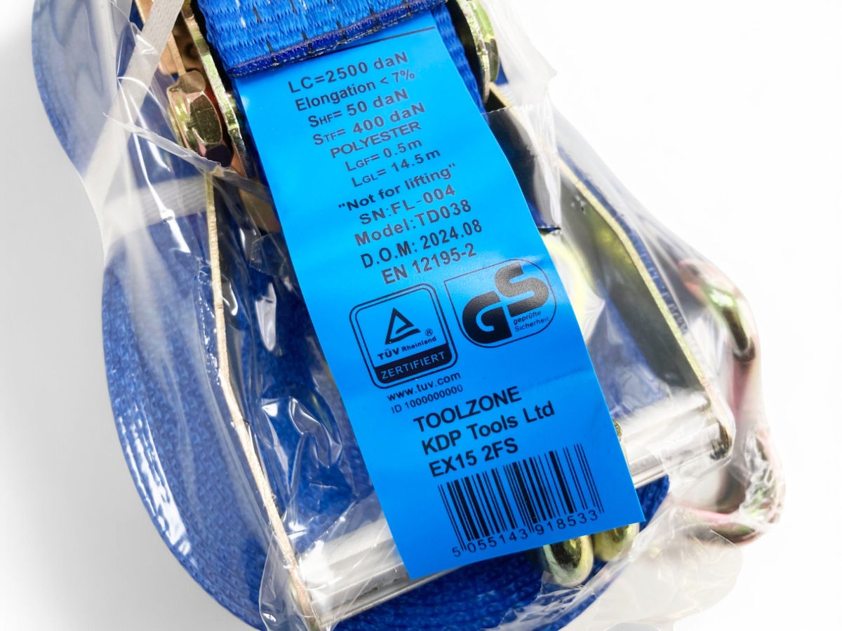 HEAVY DUTY RATCHET TIE DOWN 2 x 15m 2500daN STRAIGHT 5000kg ROUND GS APPROVED - TOOLZONE KDPTD038 thumbnail 5