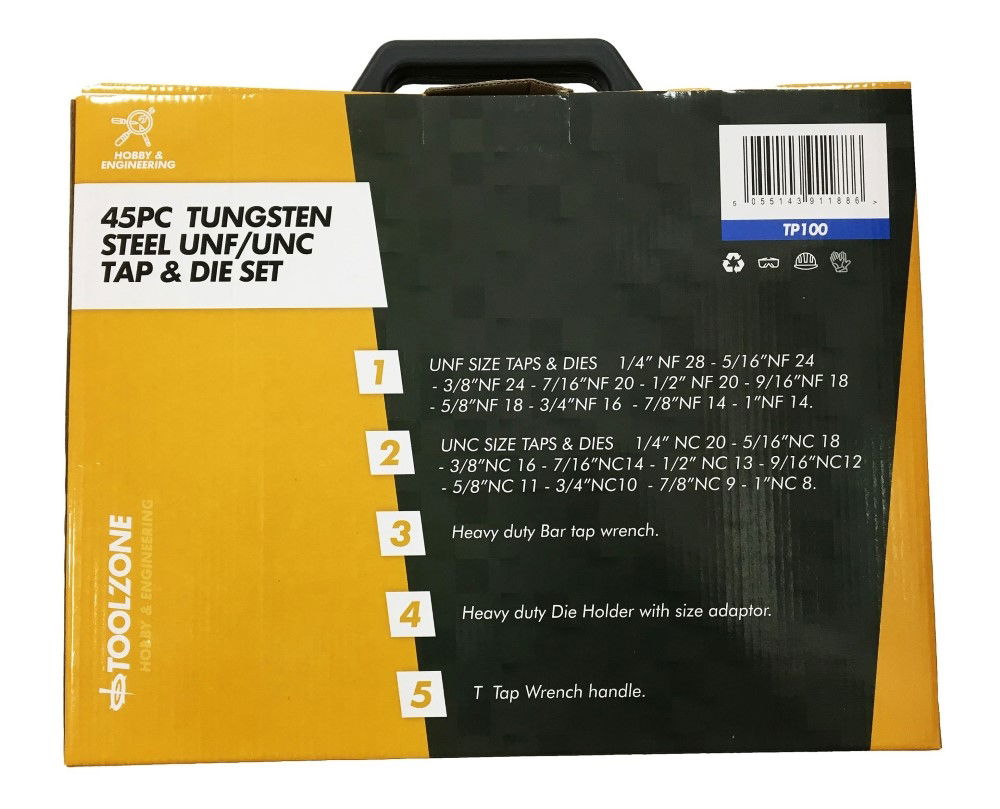 TAP AND DIE SET UNF/UNC 45 PIECE TUNGSTEN - TOOLZONE KDPTP100 thumbnail 2