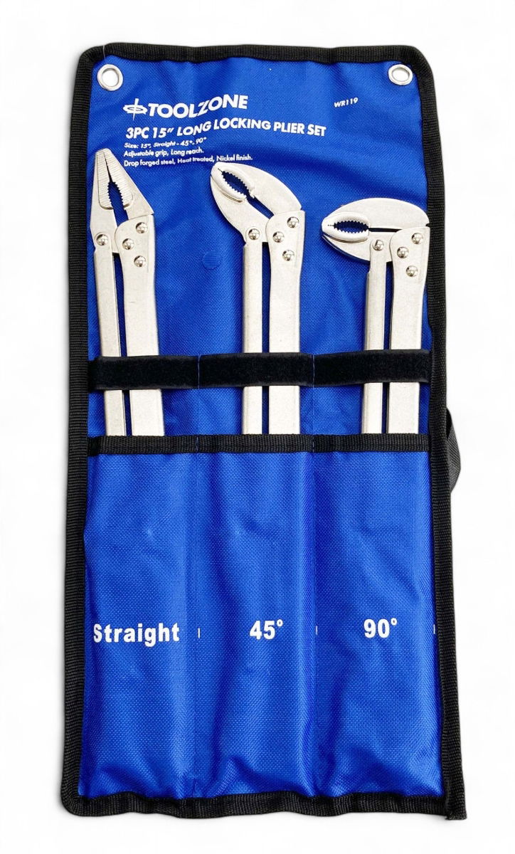 LOCKING PLIER SET 3 PIECE 15 STRAIGHT 45 DEGREE 90 DEGREE - TOOLZONE KDPWR119 thumbnail 2