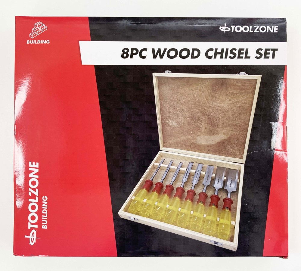 WOOD CHISEL SET 8PC 65mn SIZES 1/4-1-1/2 WITH WOODEN CASE - TOOLZONE KDPWW217 thumbnail 2