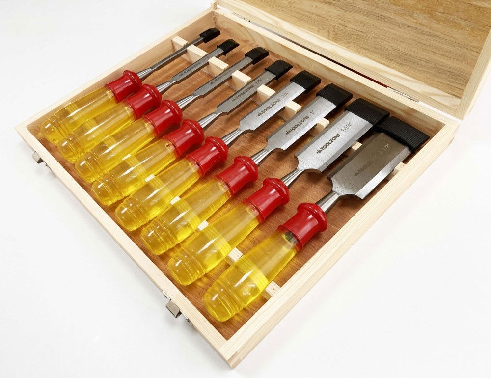 WOOD CHISEL SET 8PC 65mn SIZES 1/4-1-1/2 WITH WOODEN CASE - TOOLZONE KDPWW217 thumbnail 9