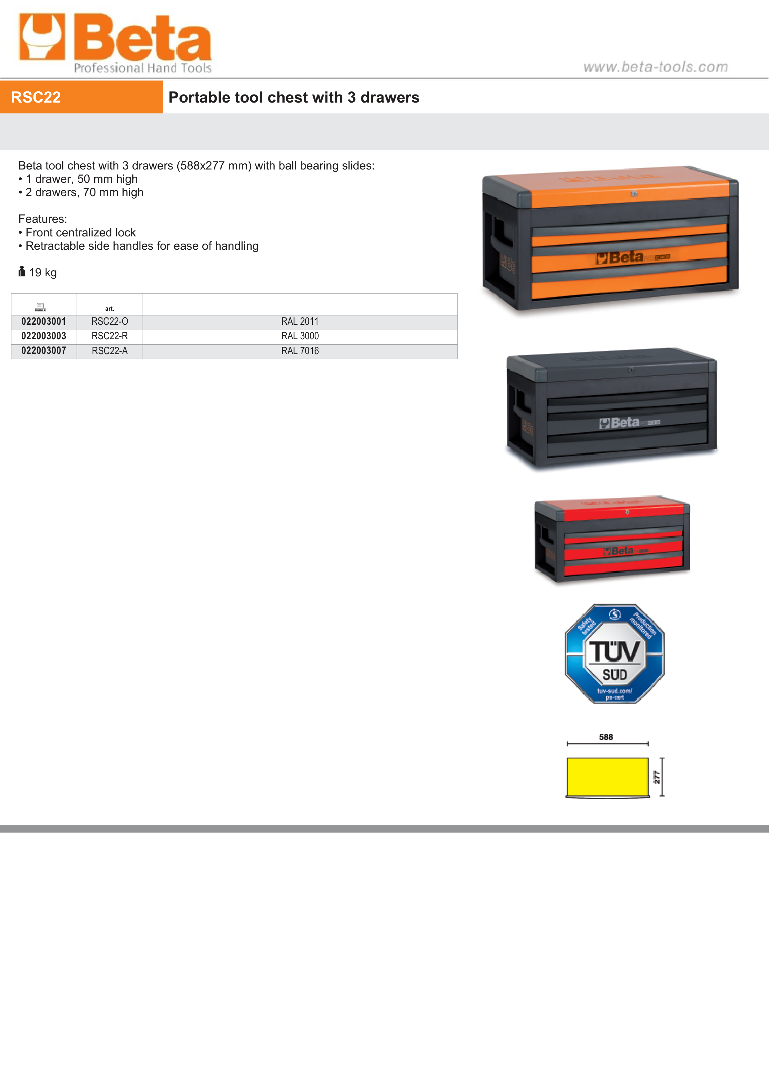 Portable Tool Chest with 3 Drawers and Ball Bearing Slides - Beta Tools RSC22-A thumbnail 4