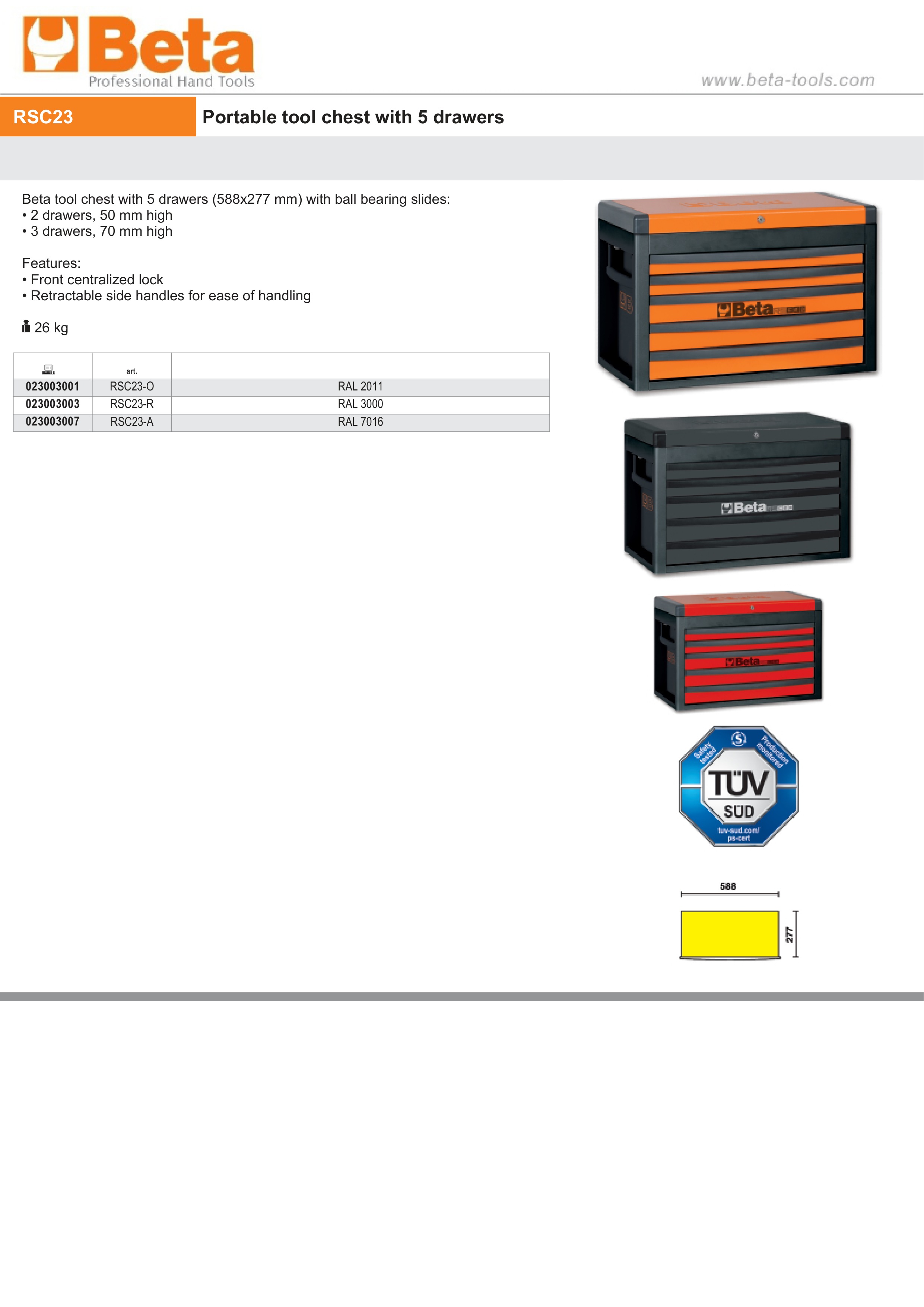 Portable Tool Chest with 5 Drawers and Centralized Lock - Beta Tools RSC23-O thumbnail 3