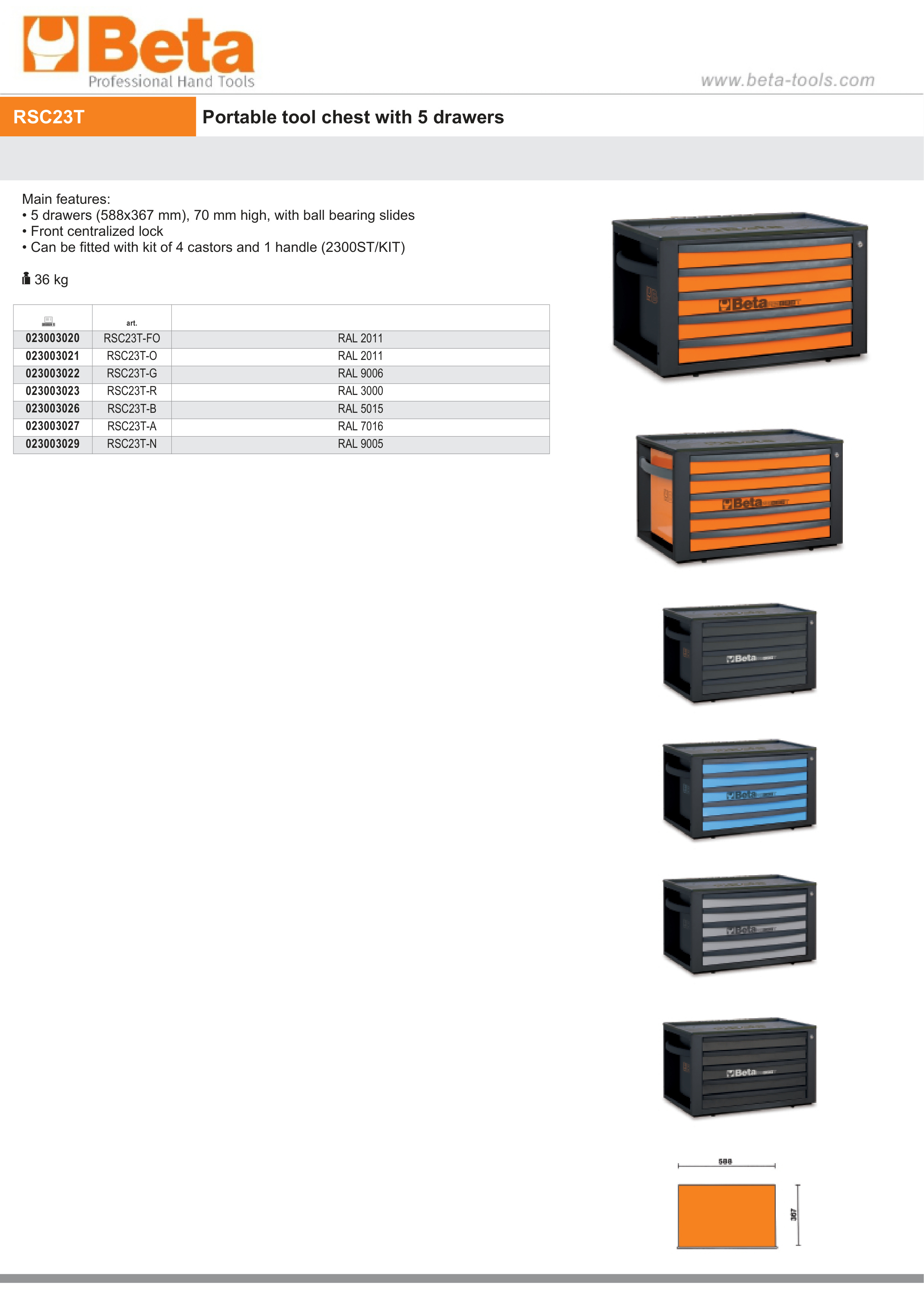 Portable Tool Chest with 5 Drawers and Centralized Lock - Beta Tools RSC23T-O thumbnail 5