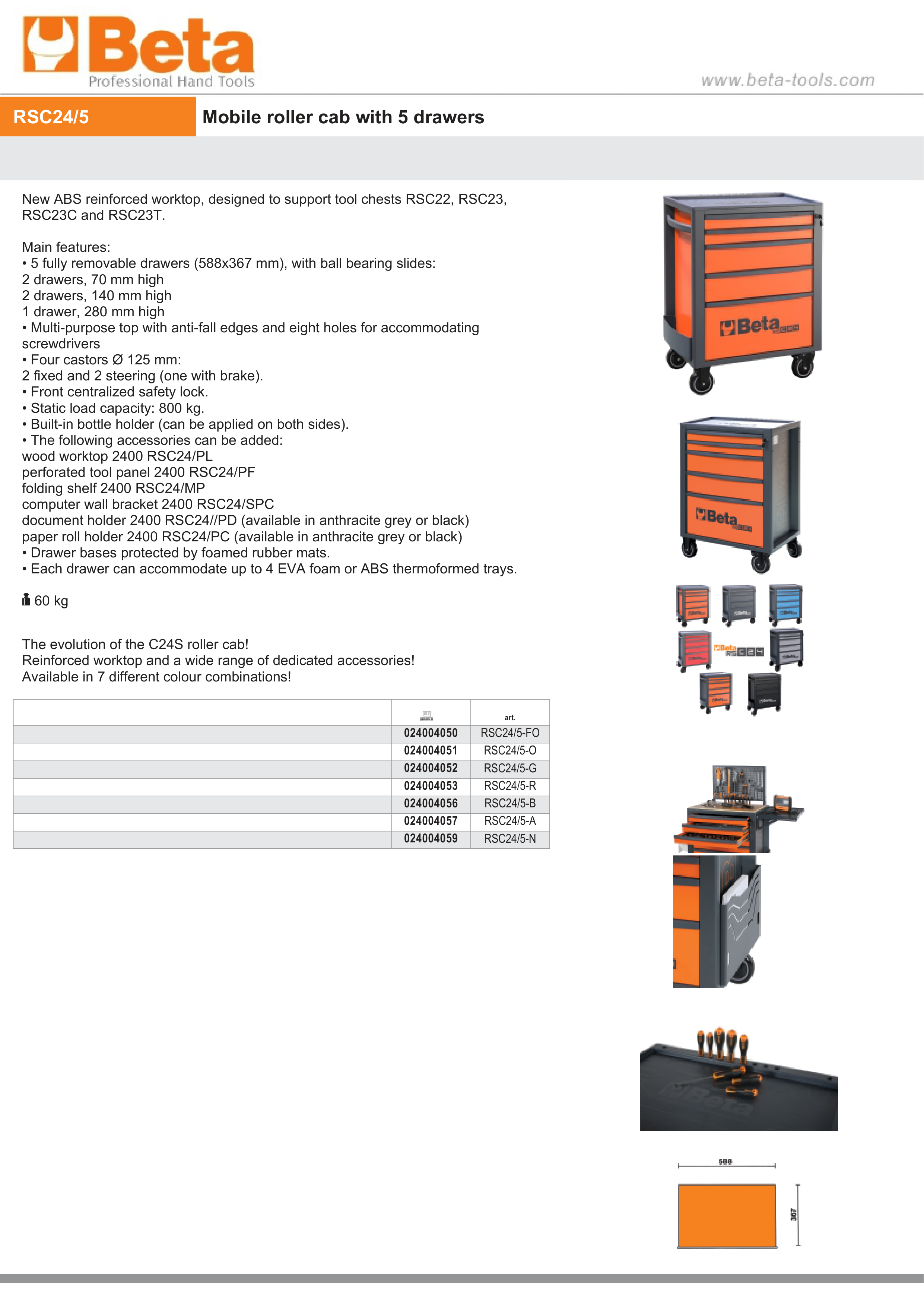 Mobile Roller Cab 5 Drawers Reinforced Worktop 800kg Capacity - Beta Tools RSC24/5-N thumbnail 9