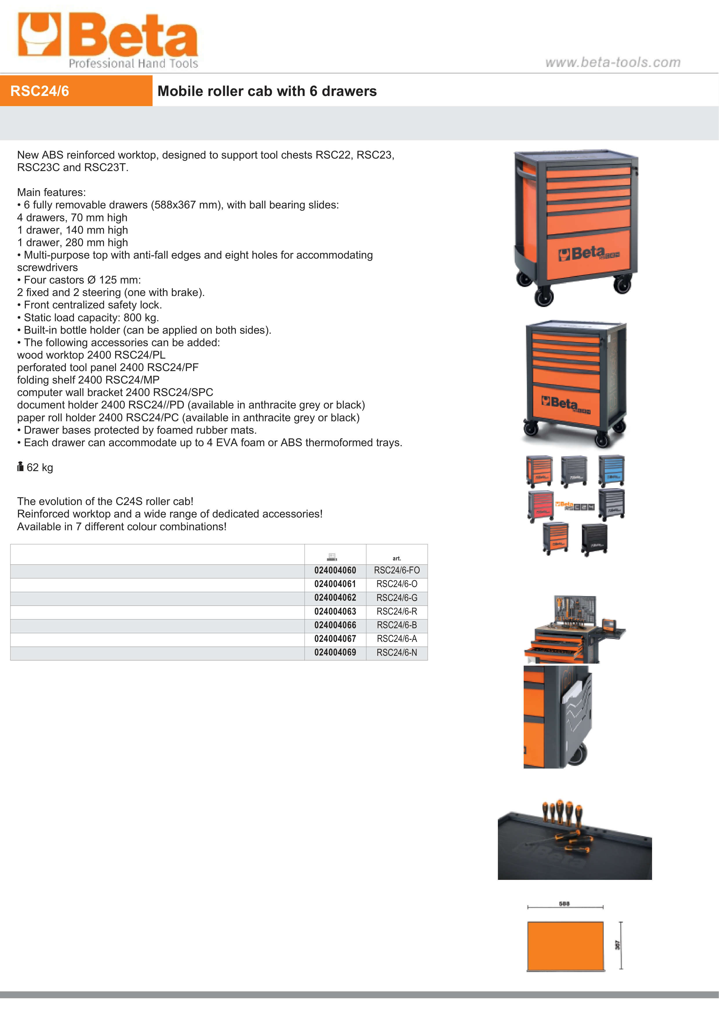 Mobile Roller Cab 6 Drawers Reinforced Worktop 800kg Capacity - Beta Tools RSC24/6-FO thumbnail 4