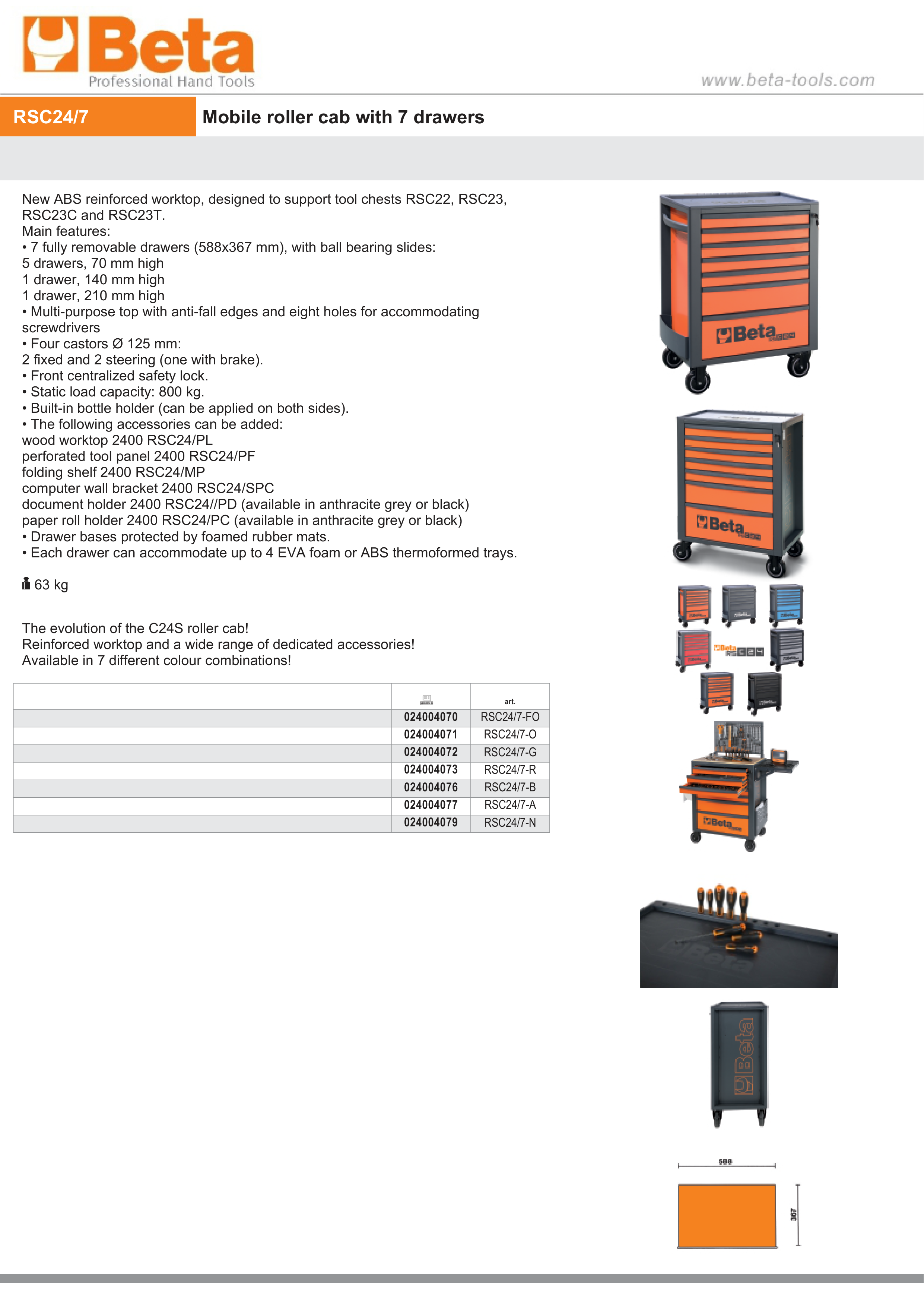 Mobile Roller Cab 7 Drawers Reinforced Worktop 800kg Capacity - Beta Tools RSC24/7-B thumbnail 9