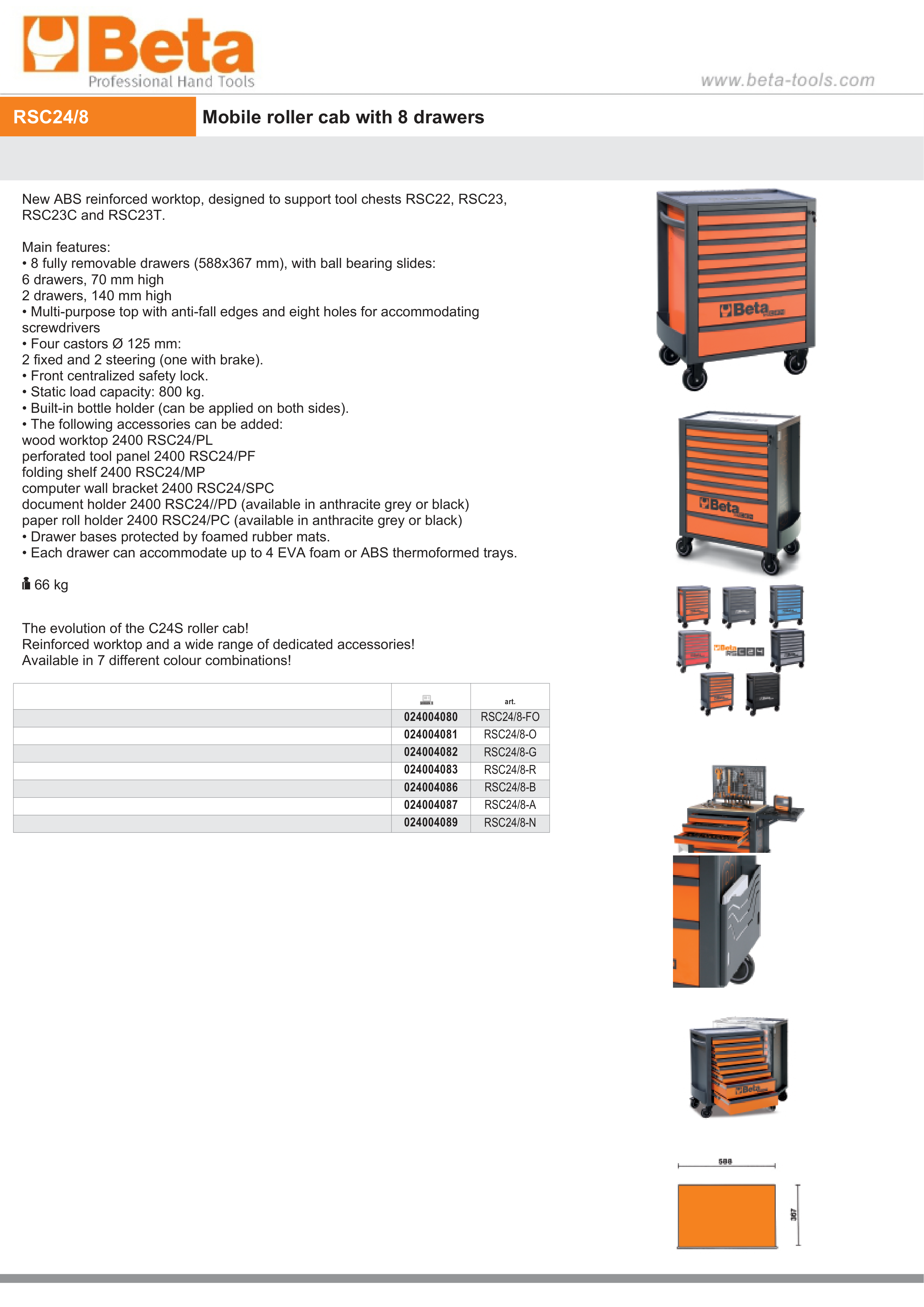 Mobile Roller Cab 8 Drawers Reinforced Worktop 800kg Capacity - Beta Tools RSC24/8-N thumbnail 2
