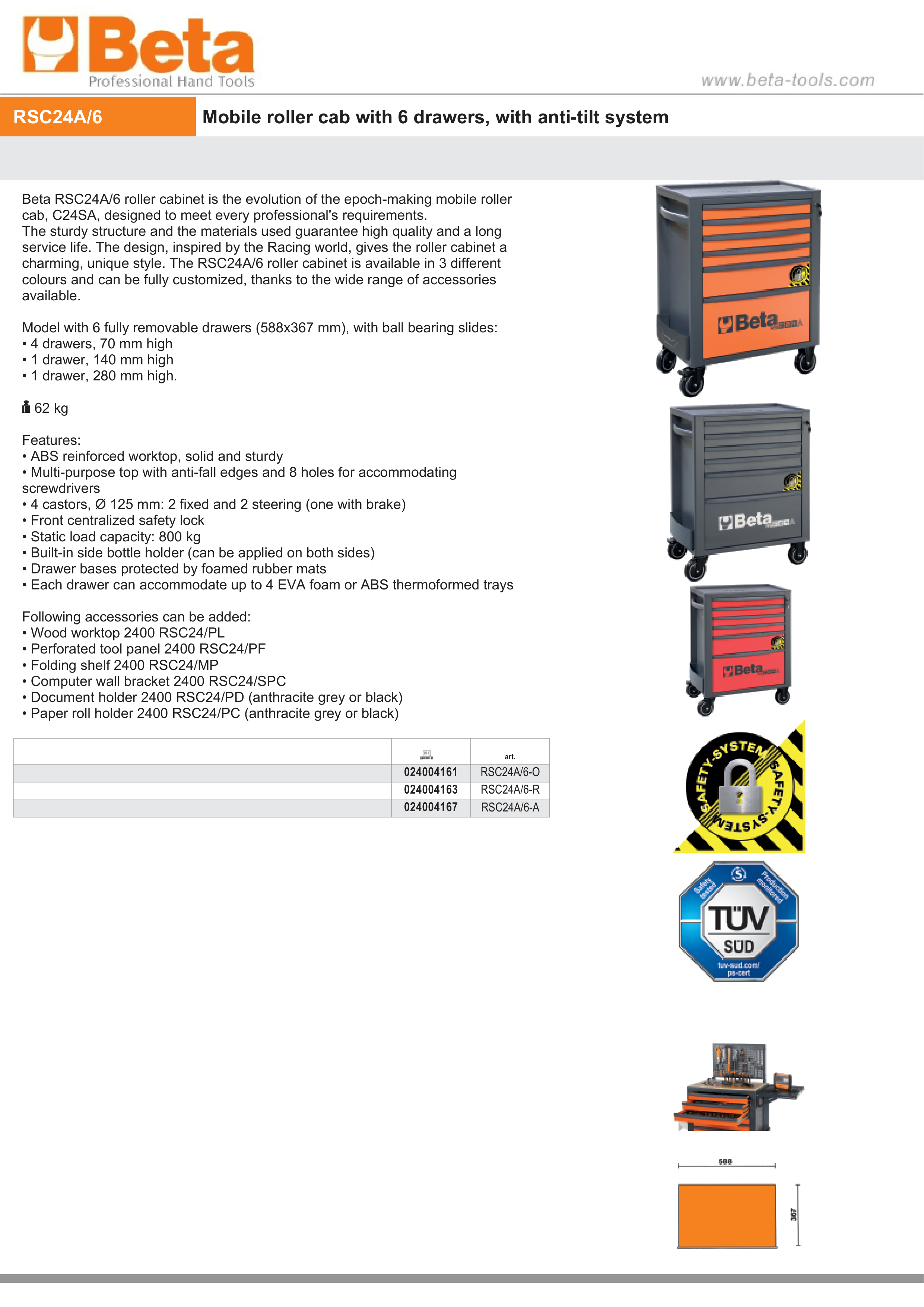 Mobile Roller Cab 6 Drawers Anti-Tilt System Reinforced Worktop 800kg Capacity - Beta Tools RSC24A/6-R thumbnail 7