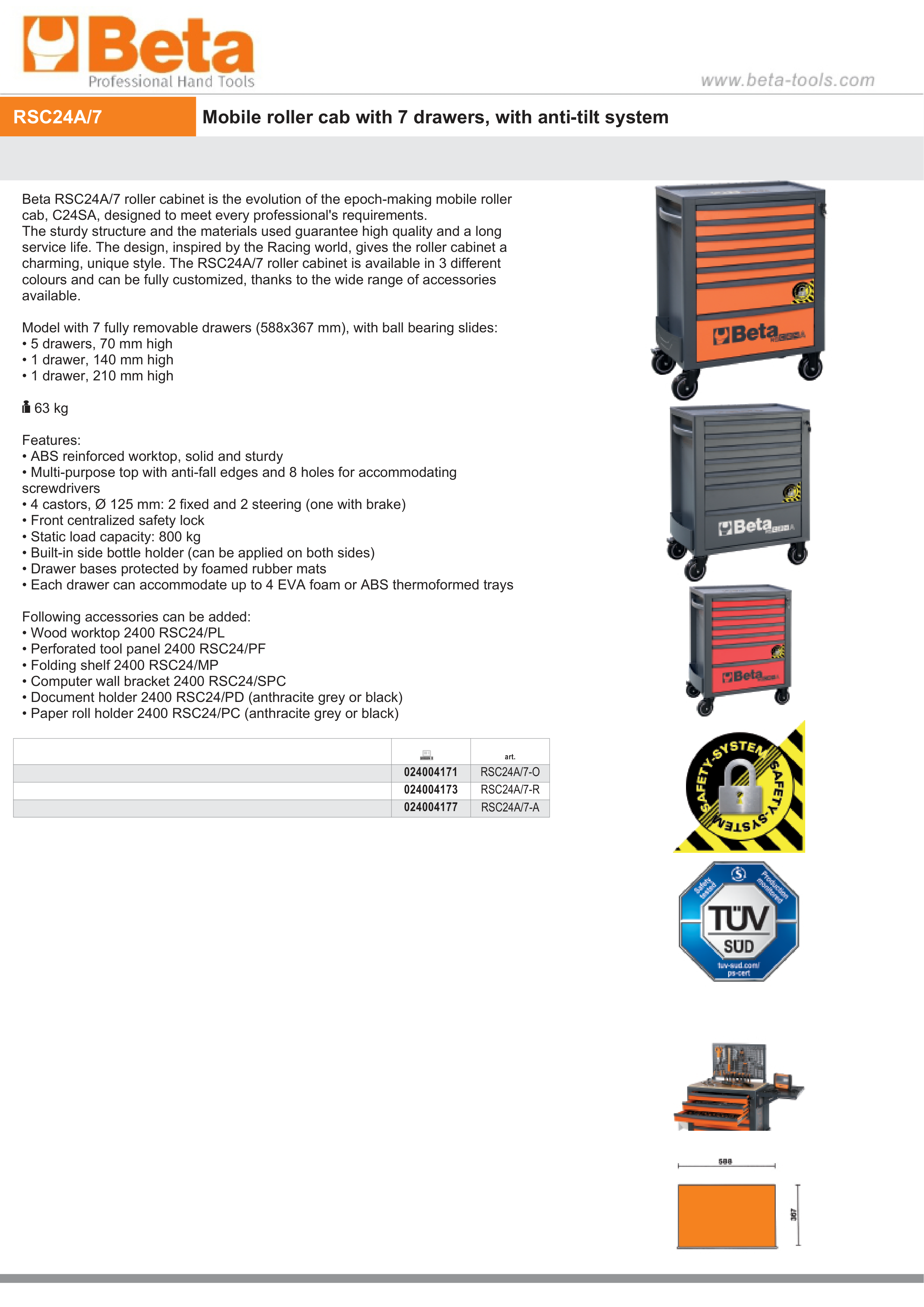 Mobile Roller Cab 7 Drawers Anti-Tilt System Reinforced Worktop 800kg Capacity - Beta Tools RSC24A/7-A thumbnail 4