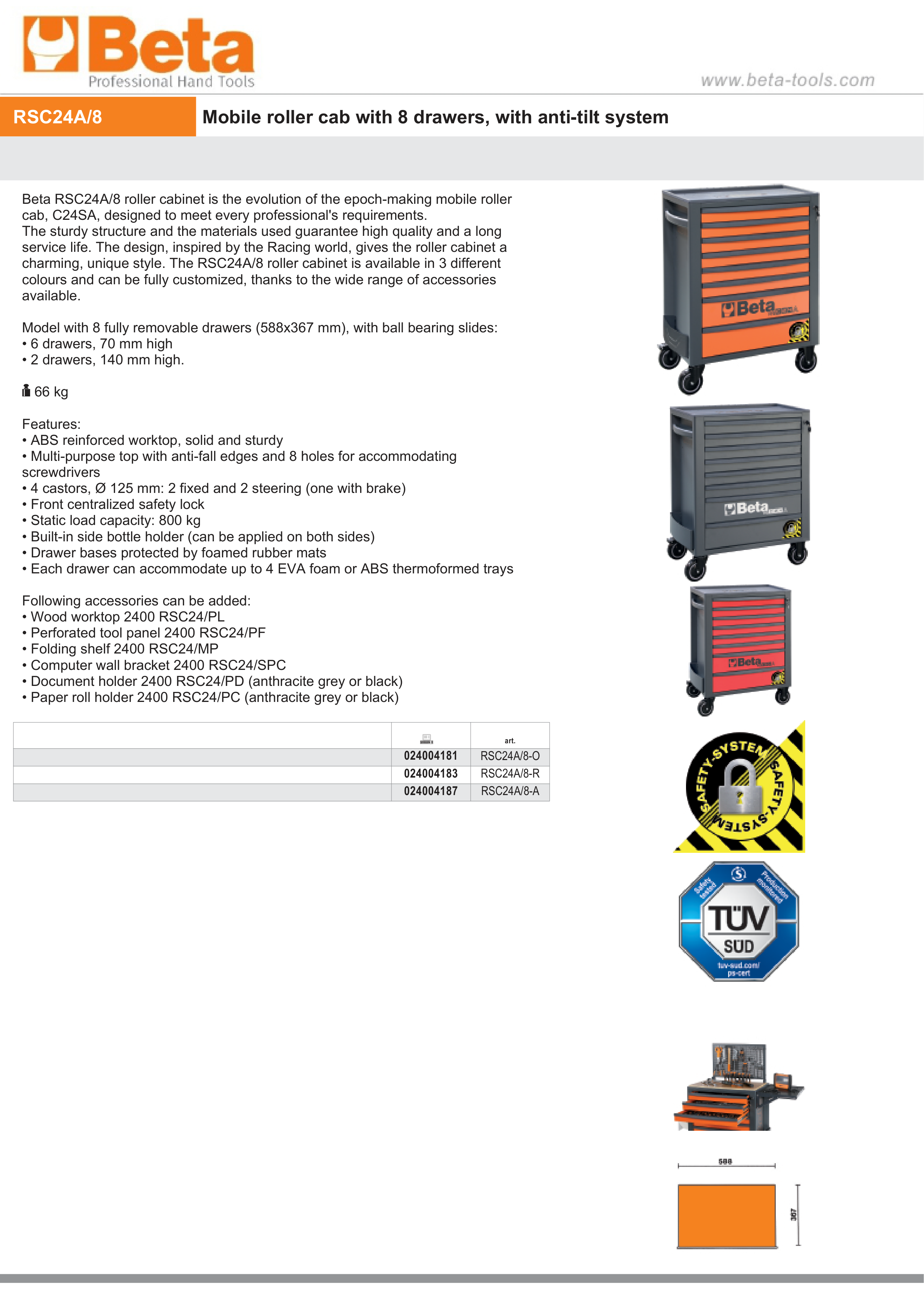 Mobile Roller Cab 8 Drawers Anti-Tilt System Reinforced Worktop 800kg Capacity - Beta Tools RSC24A/8-O thumbnail 6