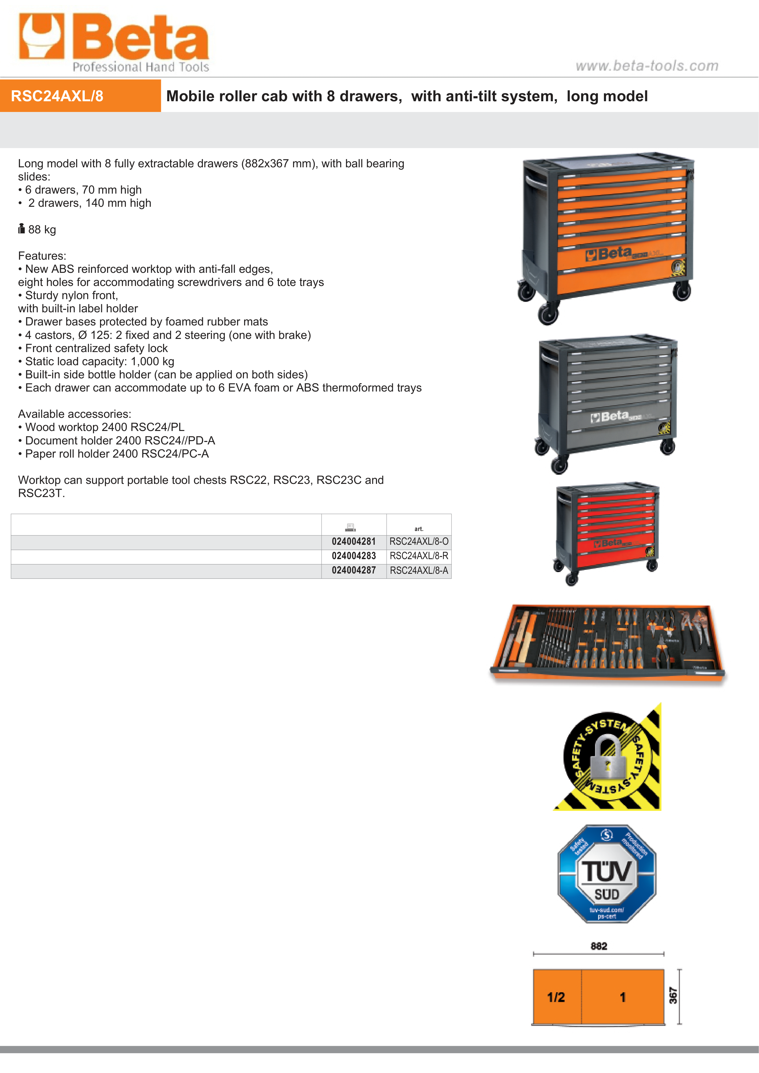 Mobile Roller Cab 8 Drawers Anti-Tilt System Long Model 1000kg Capacity - Beta Tools RSC24AXL/8-R thumbnail 6