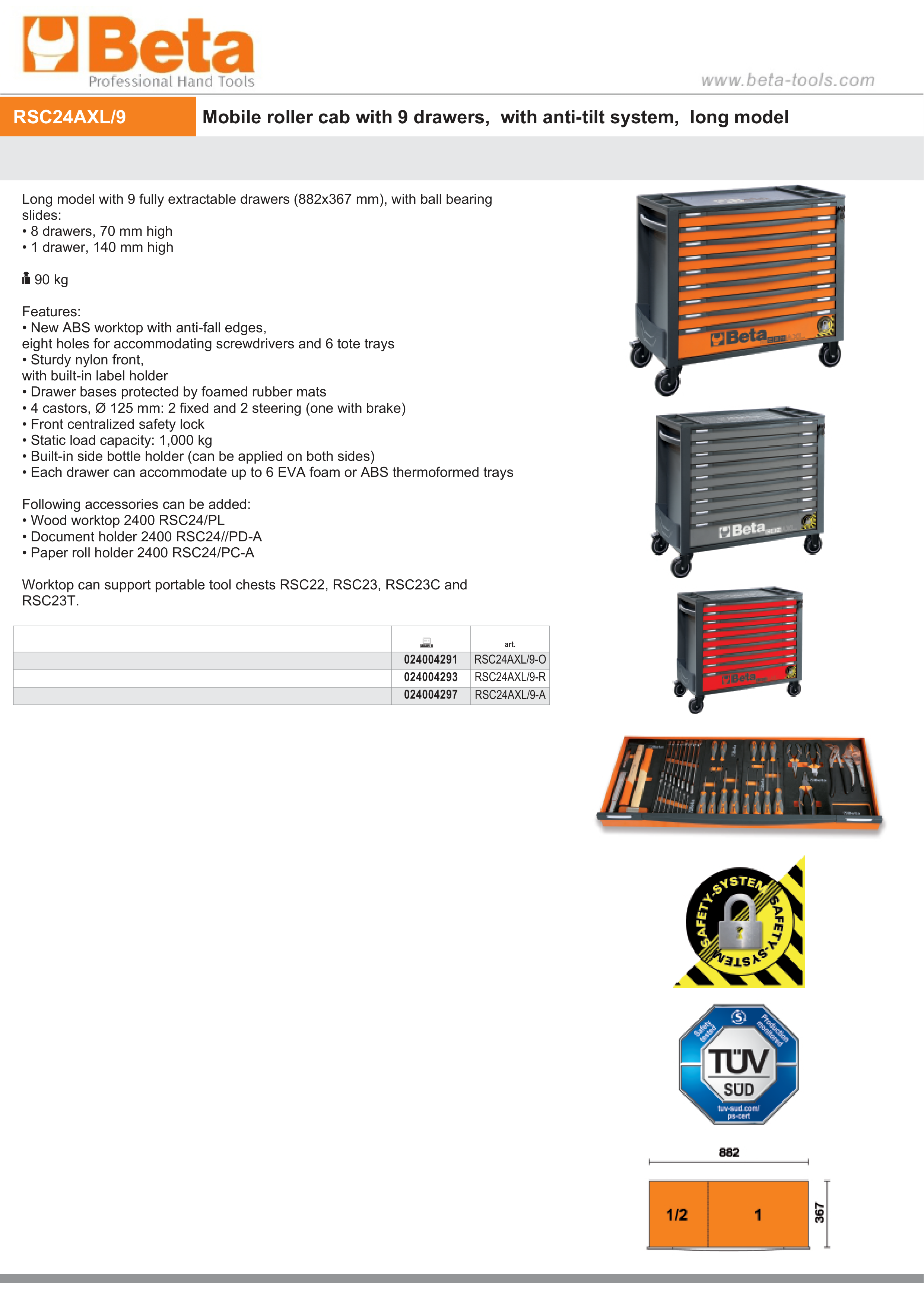 Mobile Roller Cab 9 Drawers Anti-Tilt System Long Model 1000kg Capacity - Beta Tools RSC24AXL/9-R thumbnail 5