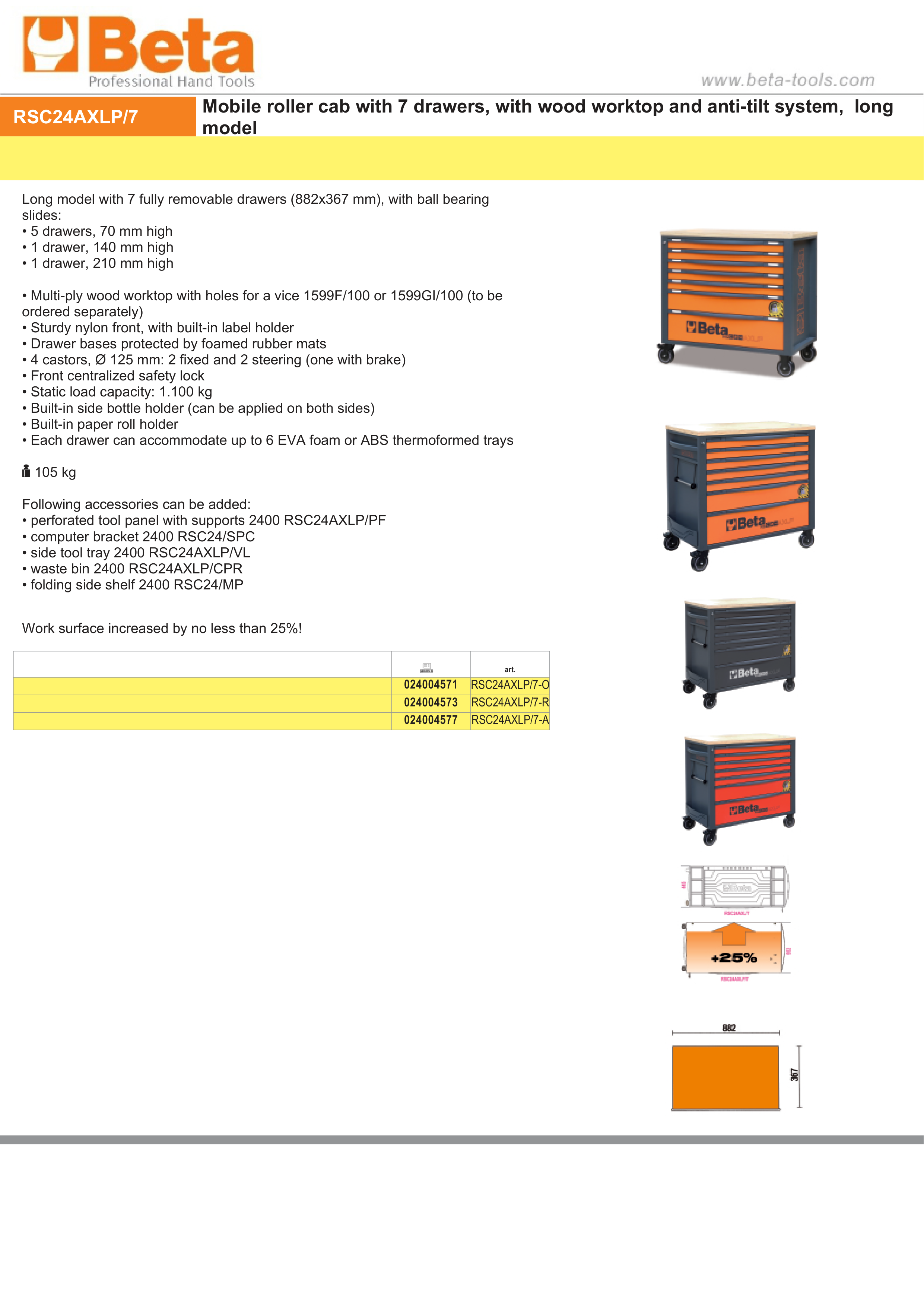 Mobile Roller Cab 7 Drawers Wood Worktop Anti-Tilt System Long Model 1100kg Capacity - Beta Tools RSC24AXLP/7-O thumbnail 8