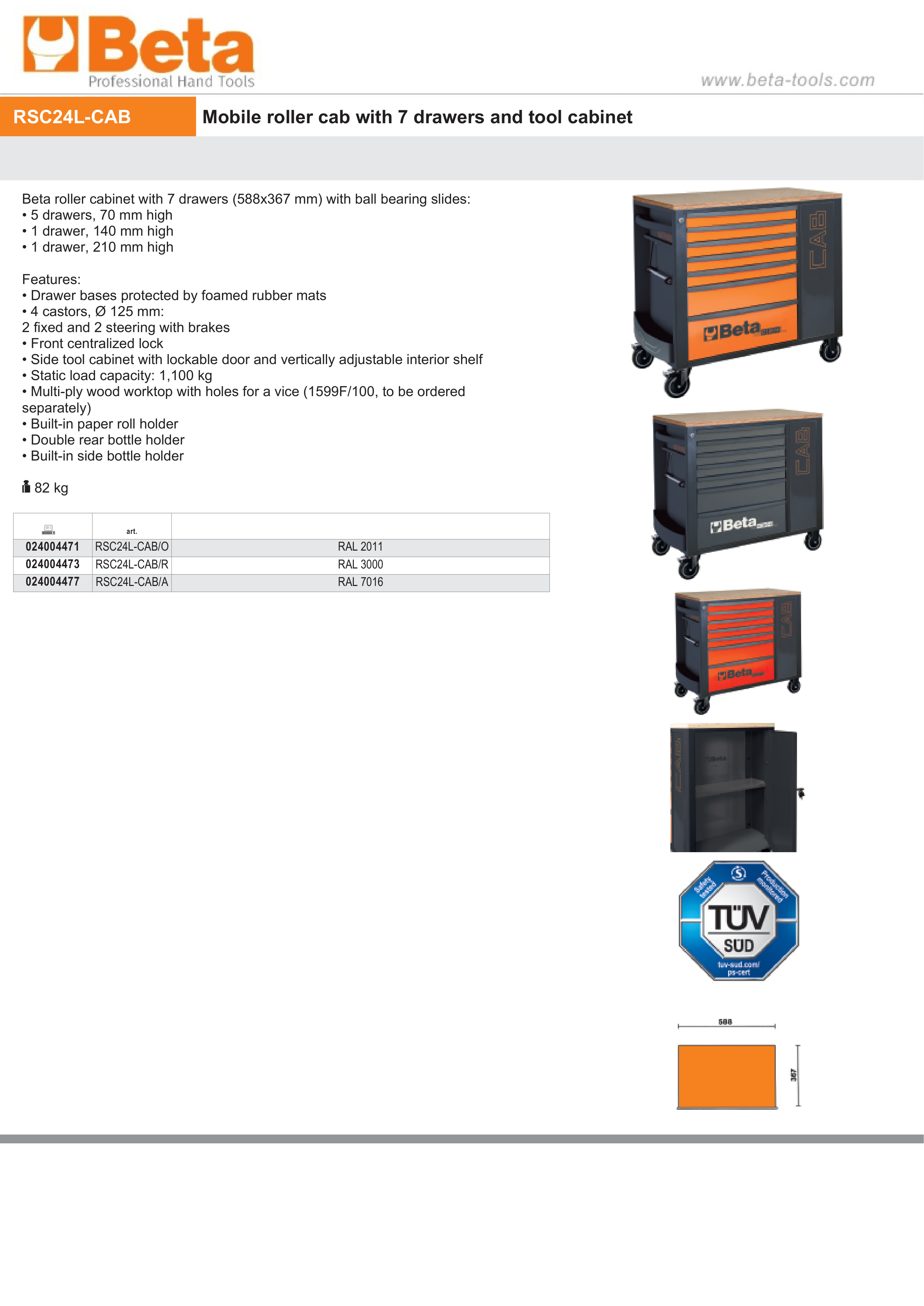 Mobile Roller Cab 7 Drawers Tool Cabinet 1100kg Capacity - Beta Tools RSC24L-CAB/O thumbnail 6