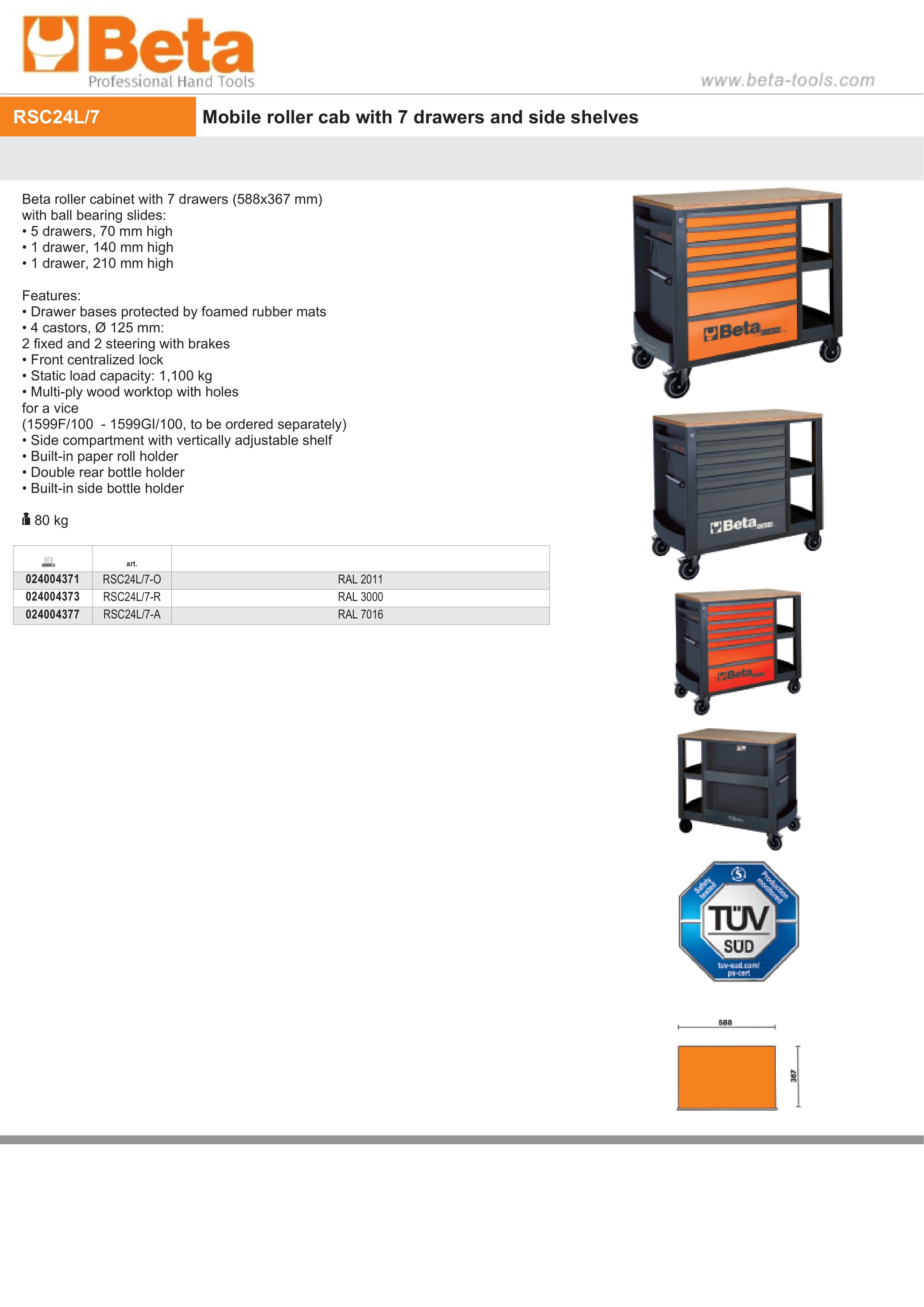 Mobile Roller Cab 7 Drawers Side Shelves 1100kg Capacity - Beta Tools RSC24L/7-A thumbnail 8