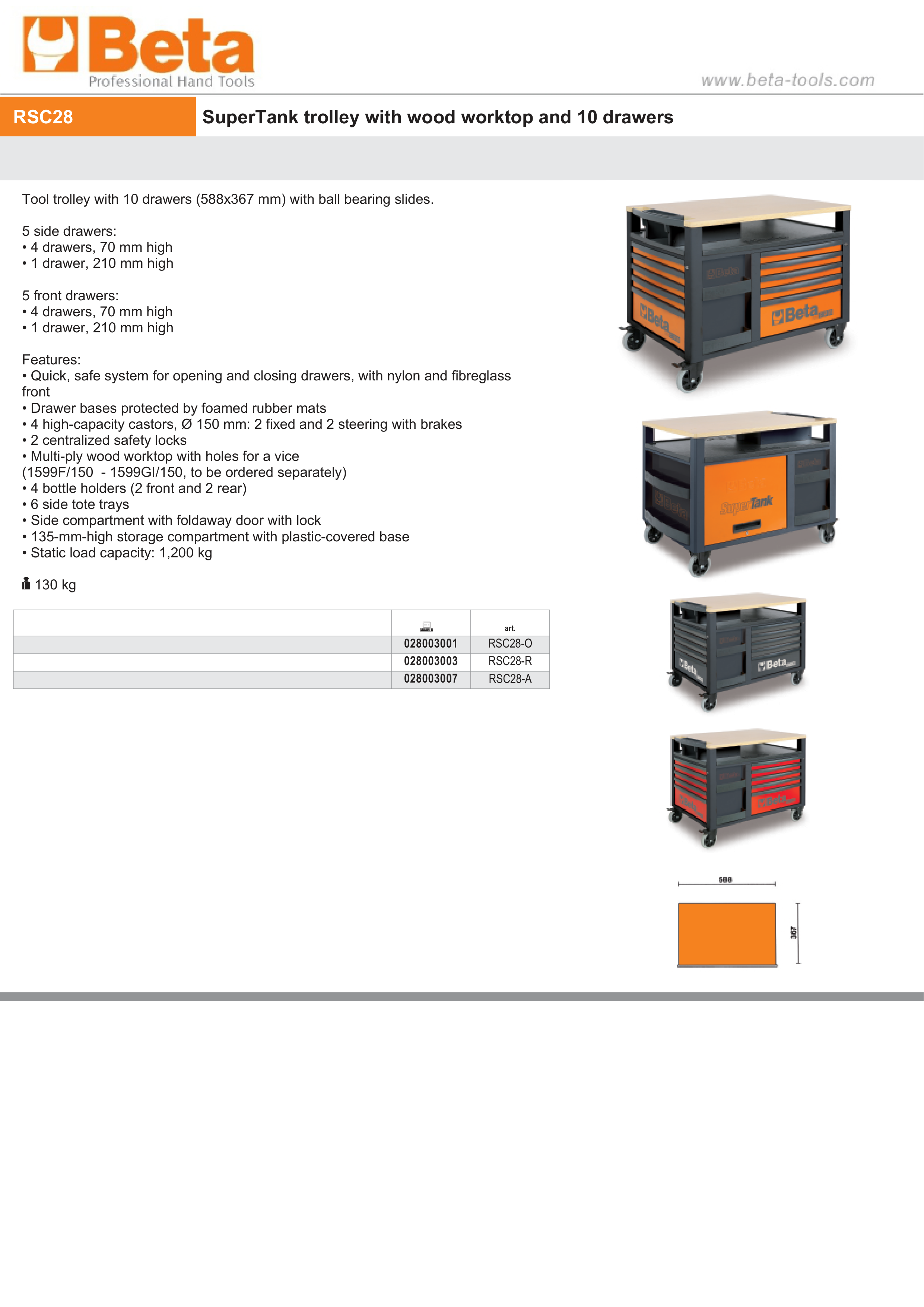 SuperTank Trolley with Wood Worktop, 10 Drawers, 588x367mm, 150mm Castors, 1200kg Load Capacity - Beta Tools RSC28-A thumbnail 3