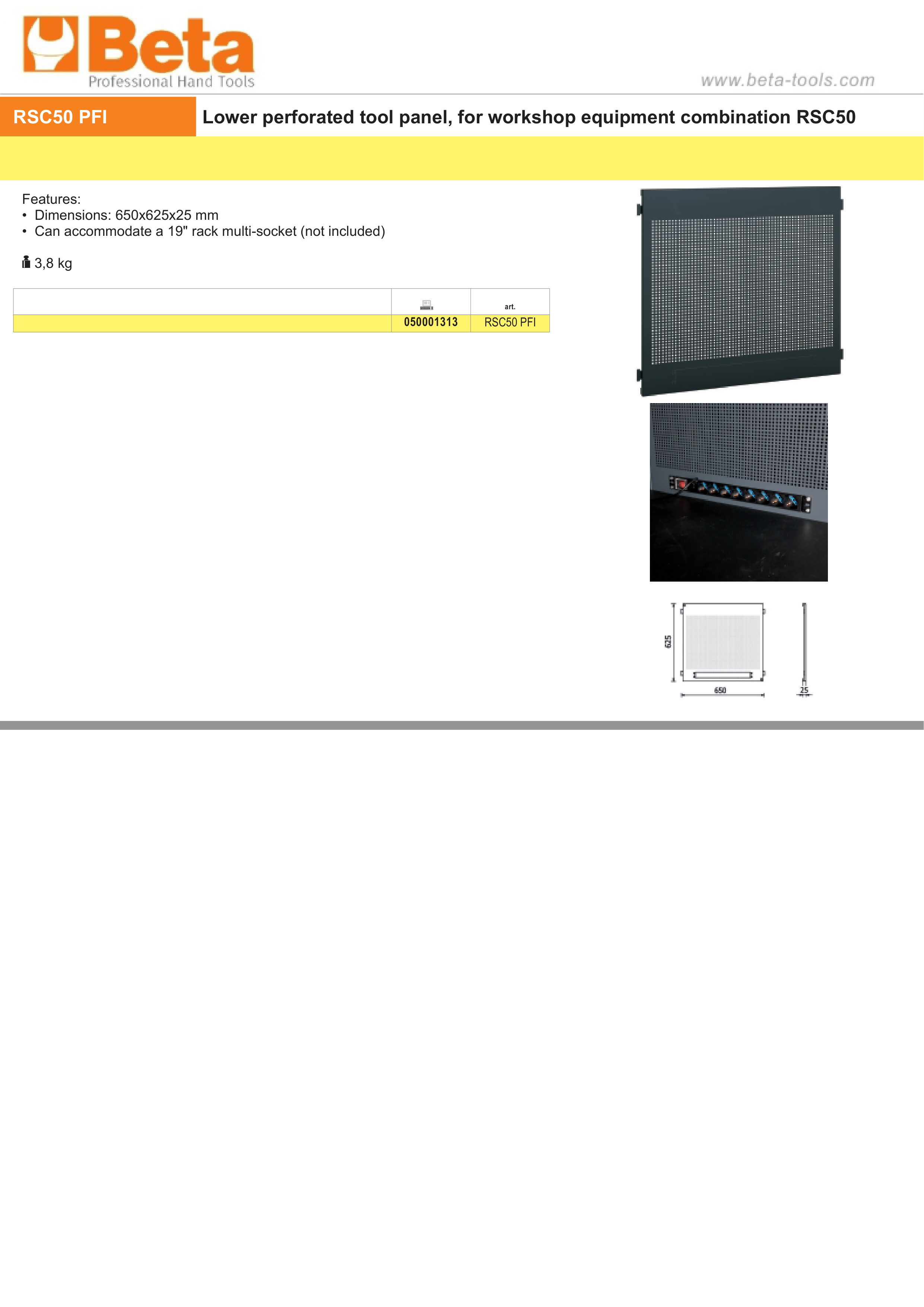 Lower Perforated Tool Panel for RSC50, 650x625x25mm, Compatible with 19 Rack Multi-Socket - BetaRSC50 RSC50 PFI thumbnail 4