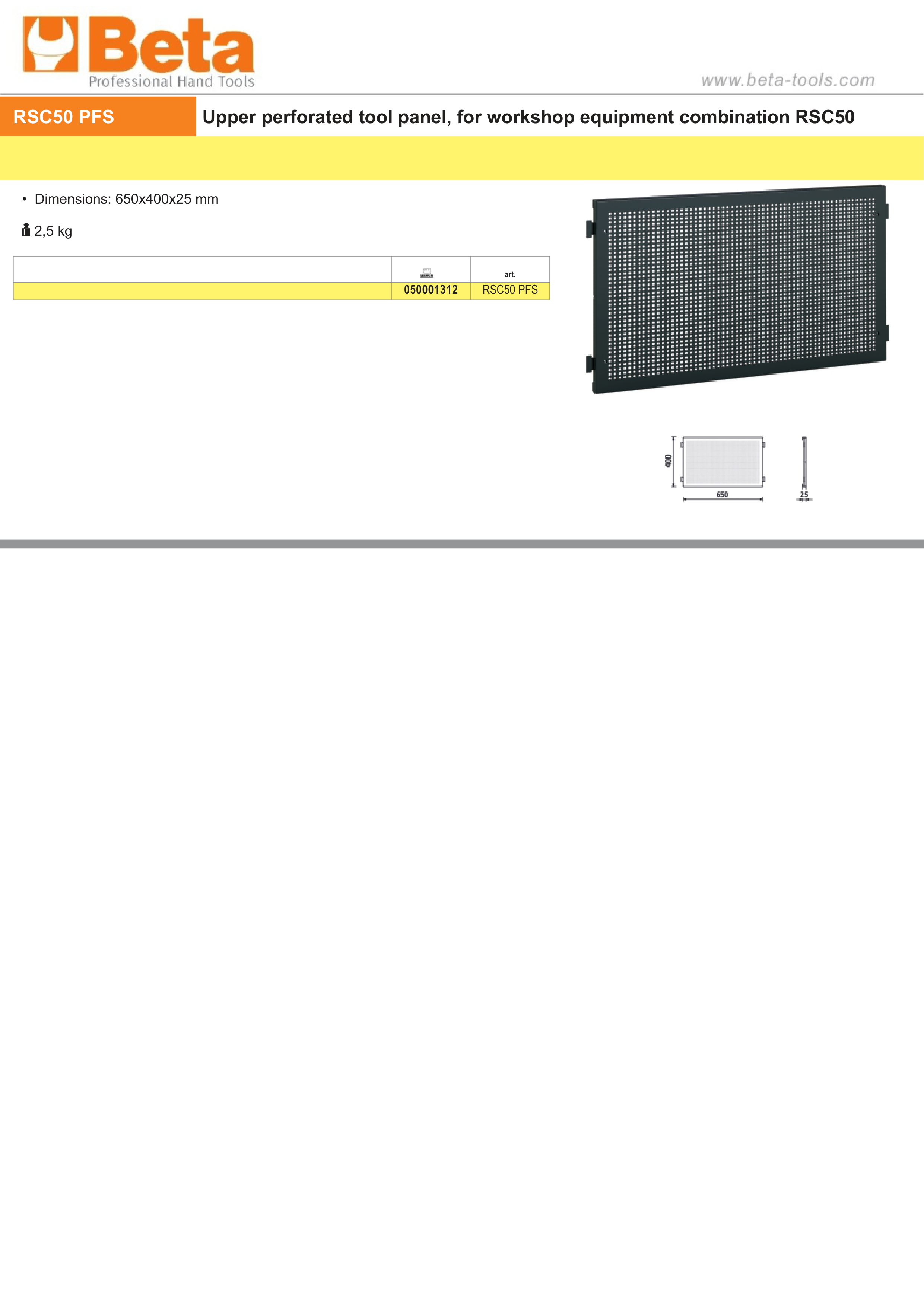 Upper Perforated Tool Panel for RSC50, 650x400x25mm - BetaRSC50 RSC50 PFS thumbnail 2