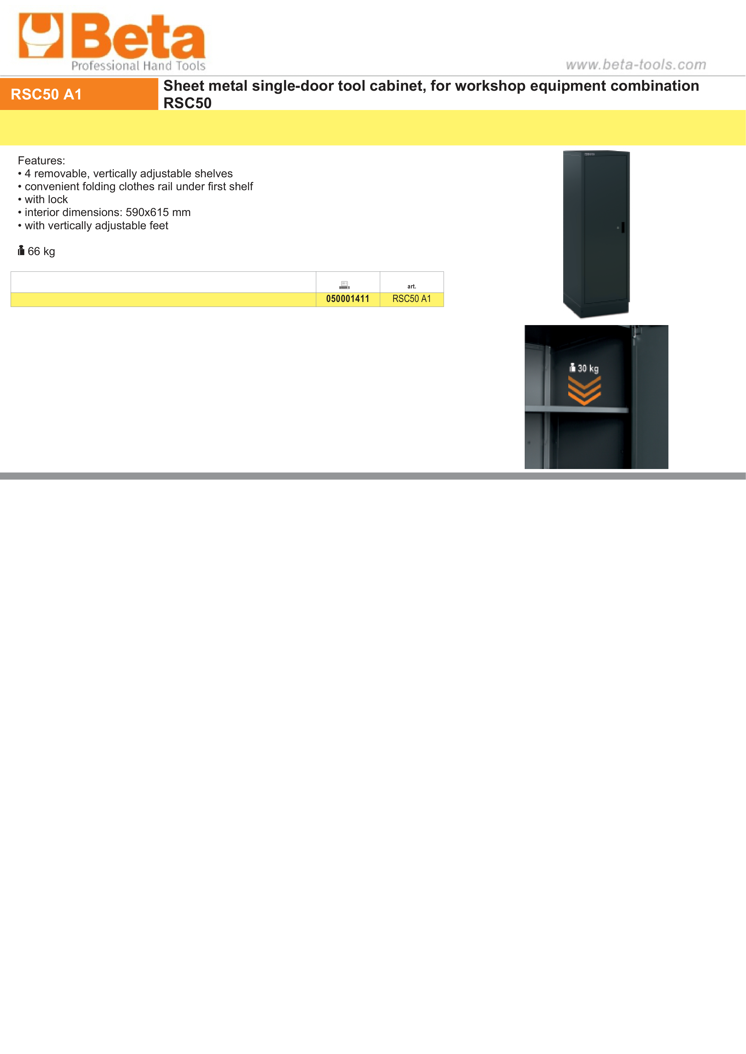 SHEET METAL SINGLE-DOOR TOOL CABINET RSC50 BETA RSC50 A1 590X615MM 4 SHELVES LOCK thumbnail 2