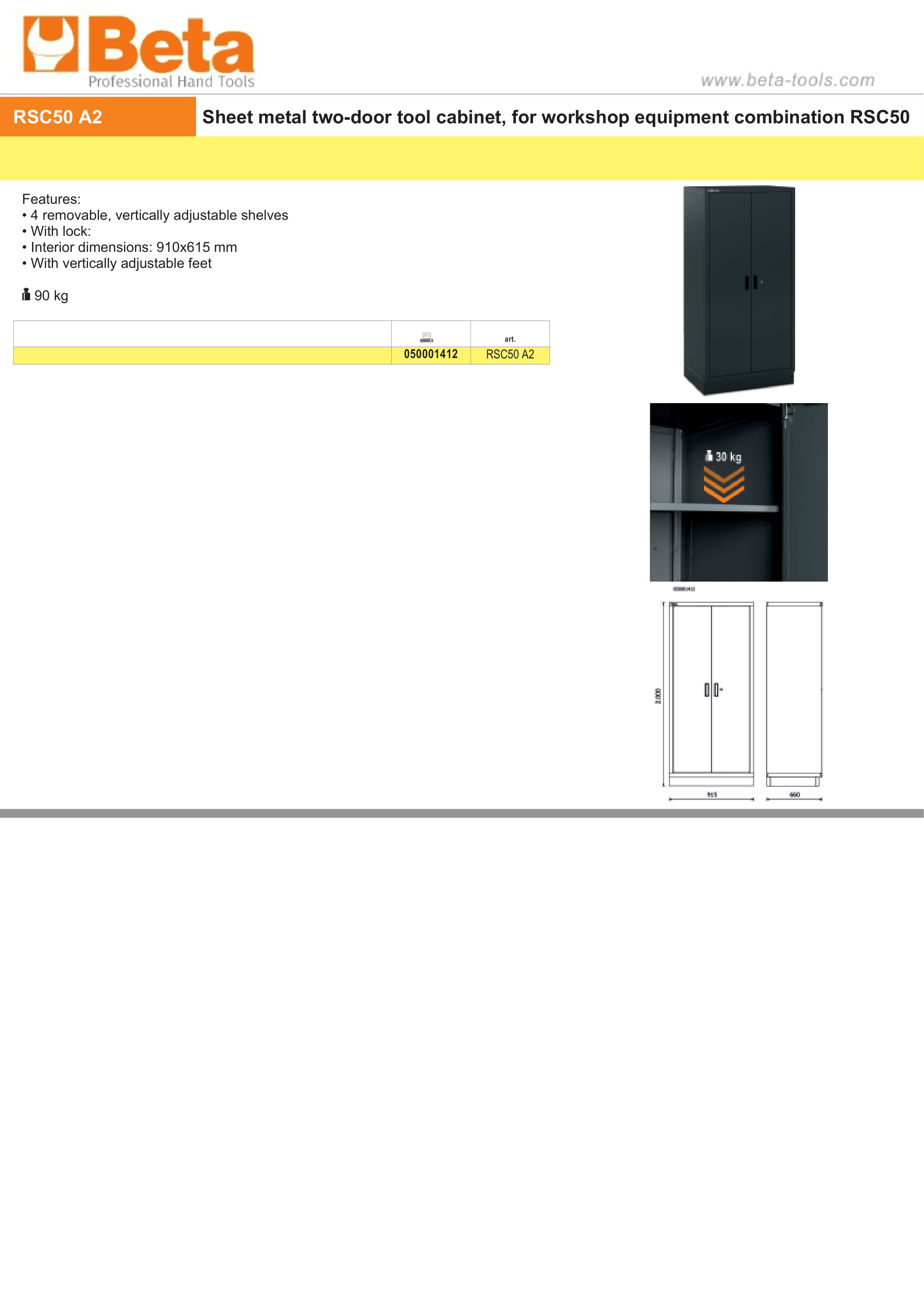 Sheet Metal Two-Door Tool Cabinet for RSC50, 910x615mm Interior, 4 Adjustable Shelves, Lock, Adjustable Feet - BetaRSC50 RSC50 A2 thumbnail 3