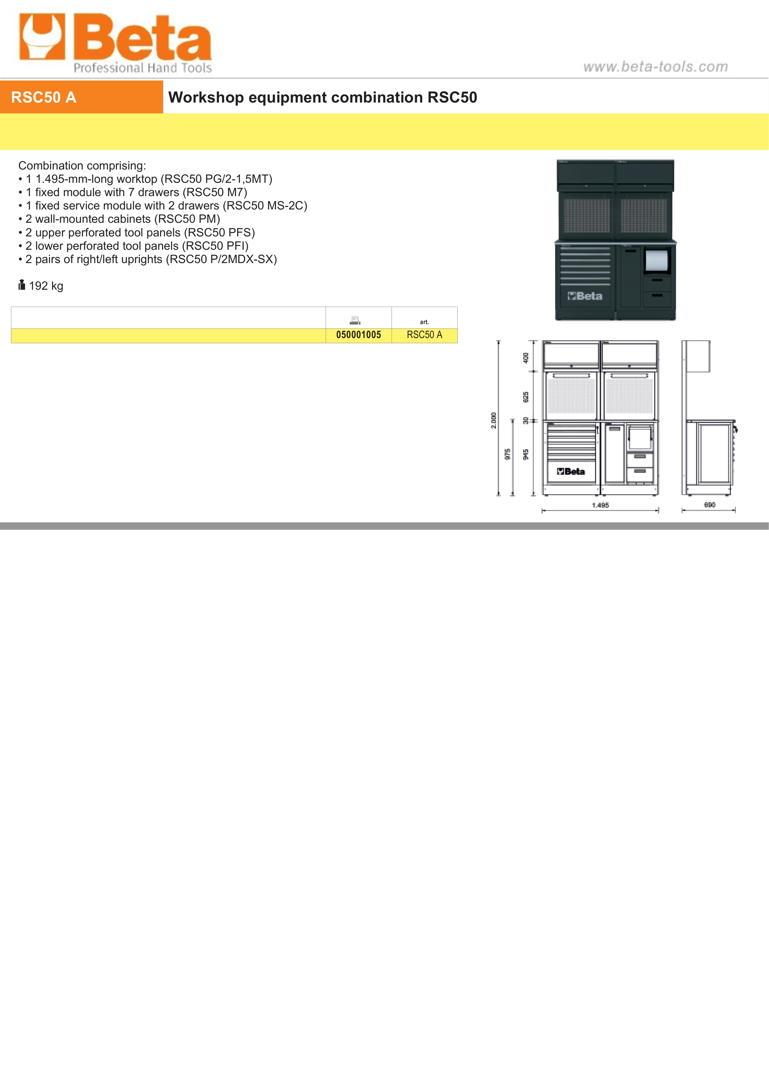 Workshop Equipment Combination RSC50 with Worktop, Drawers, and Tool Panels - BetaRSC50 RSC50 A thumbnail 3