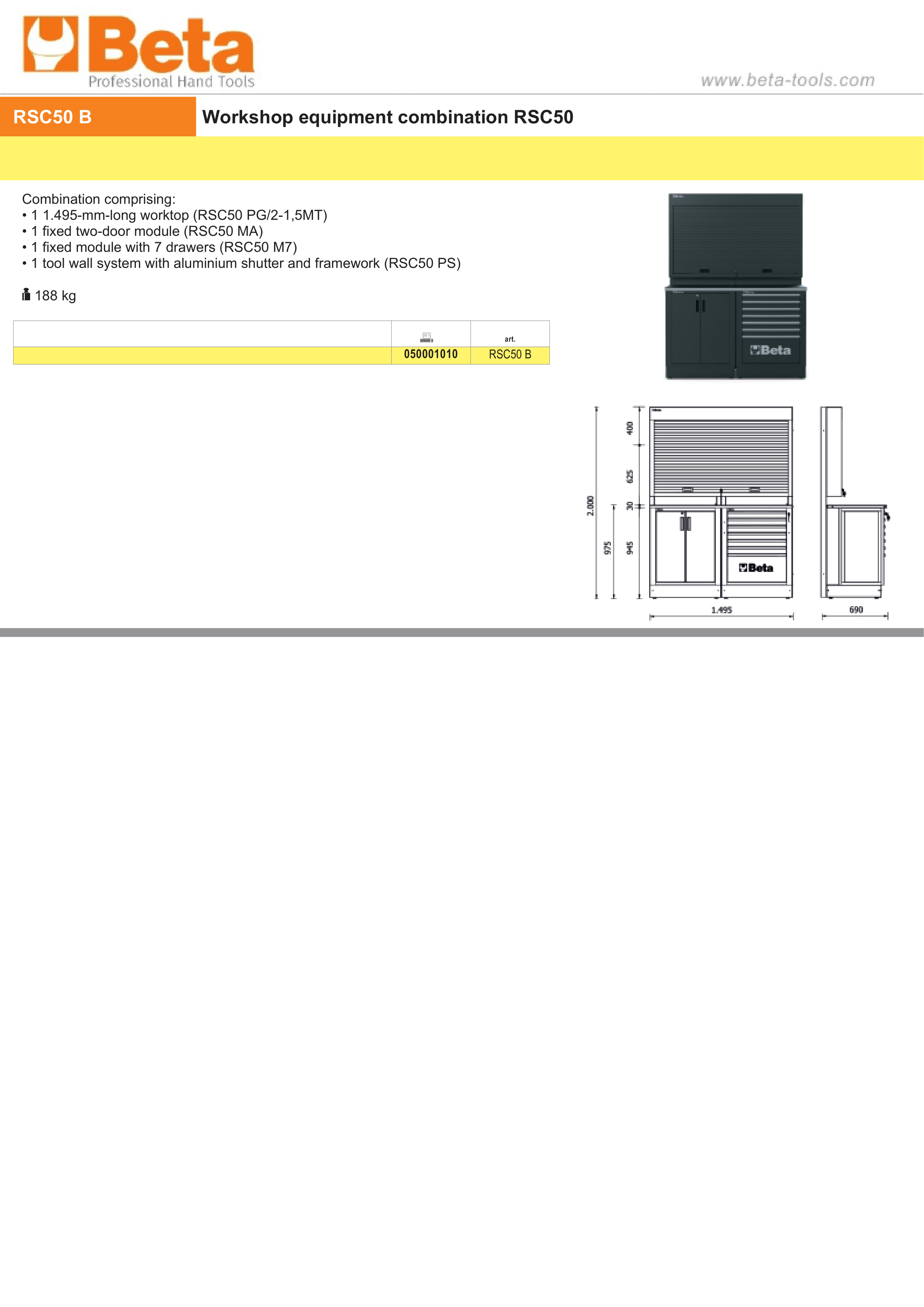 Workshop Equipment Combination RSC50 with Worktop, Two-Door Module, and Tool Wall System - BetaRSC50 RSC50 B thumbnail 2